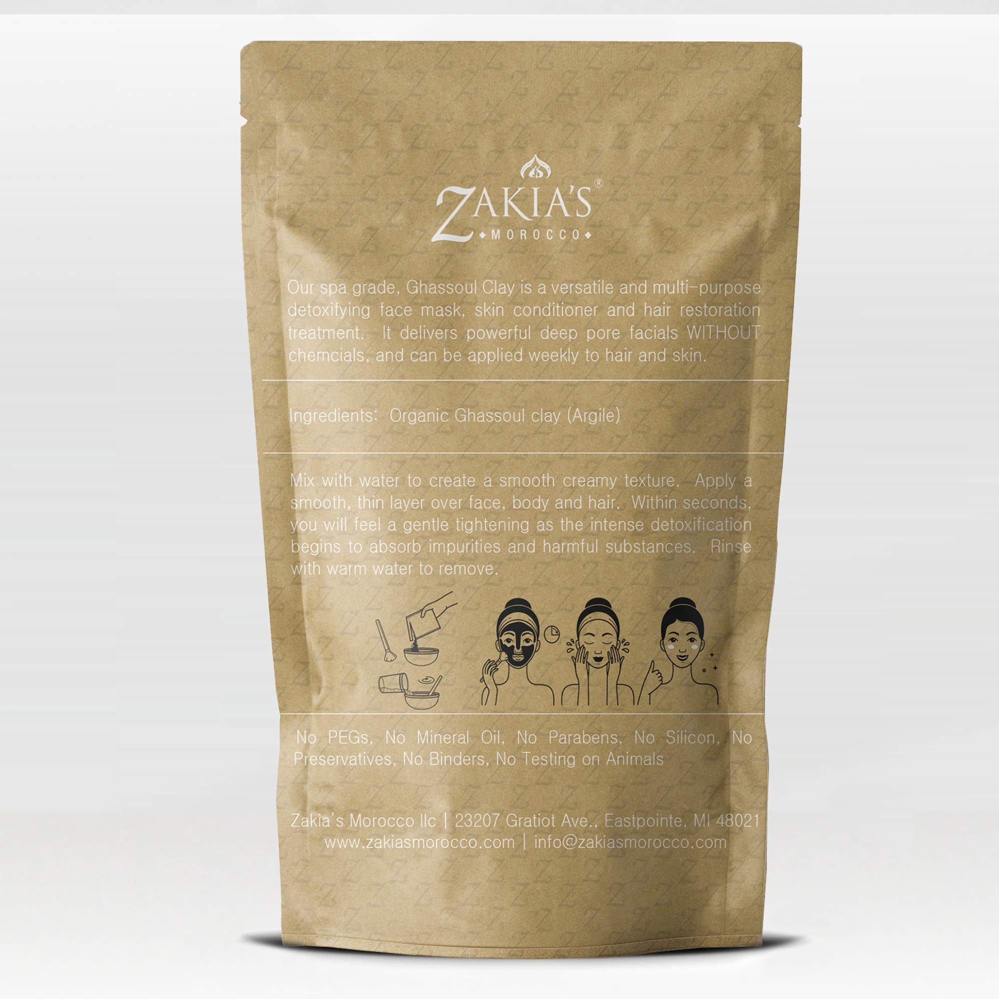 Zakias Morocco Ghassoul clay powder in a resealable bag supports eco-friendly storage.