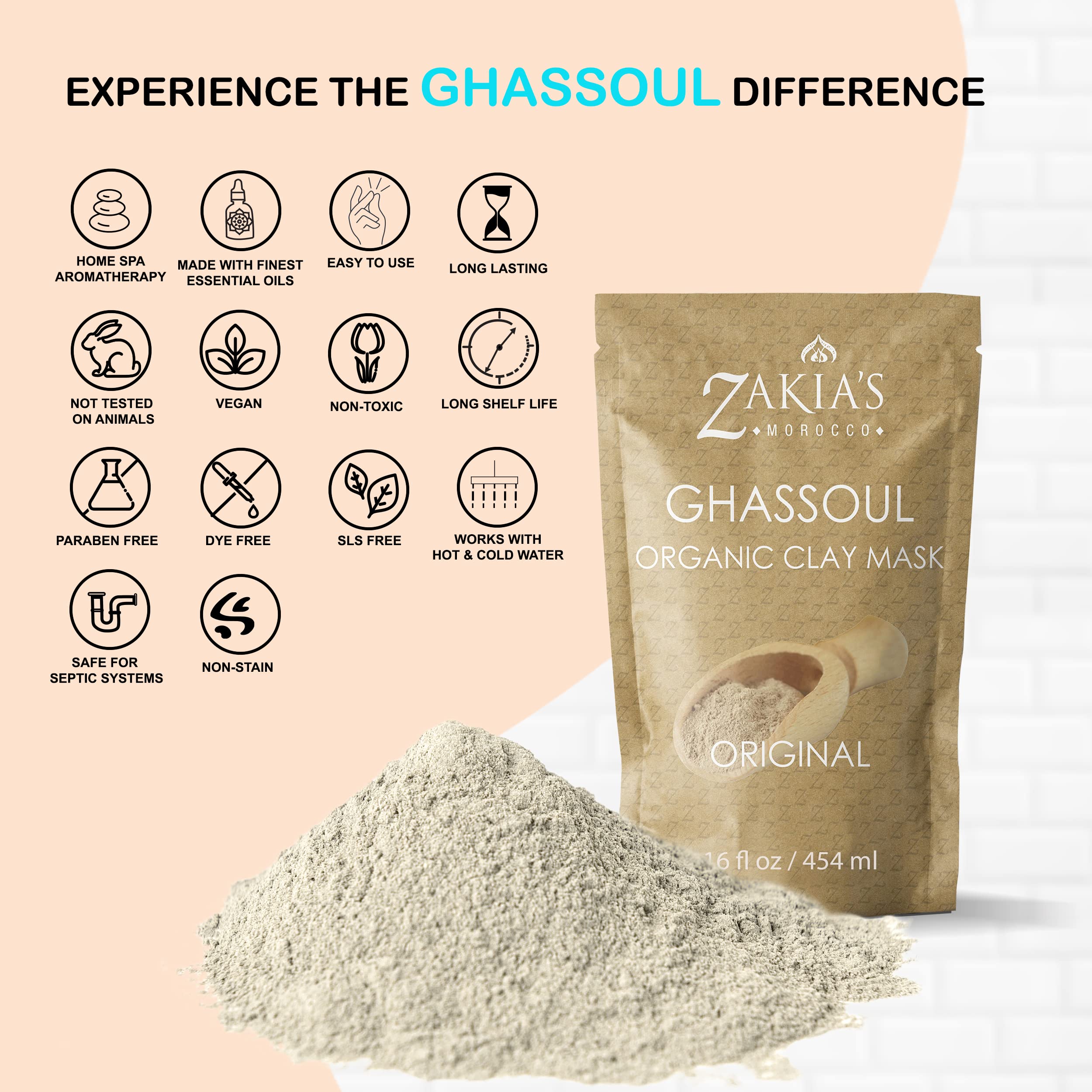 Zakias Morocco Ghassoul clay mask on skin hinting clarity after use.