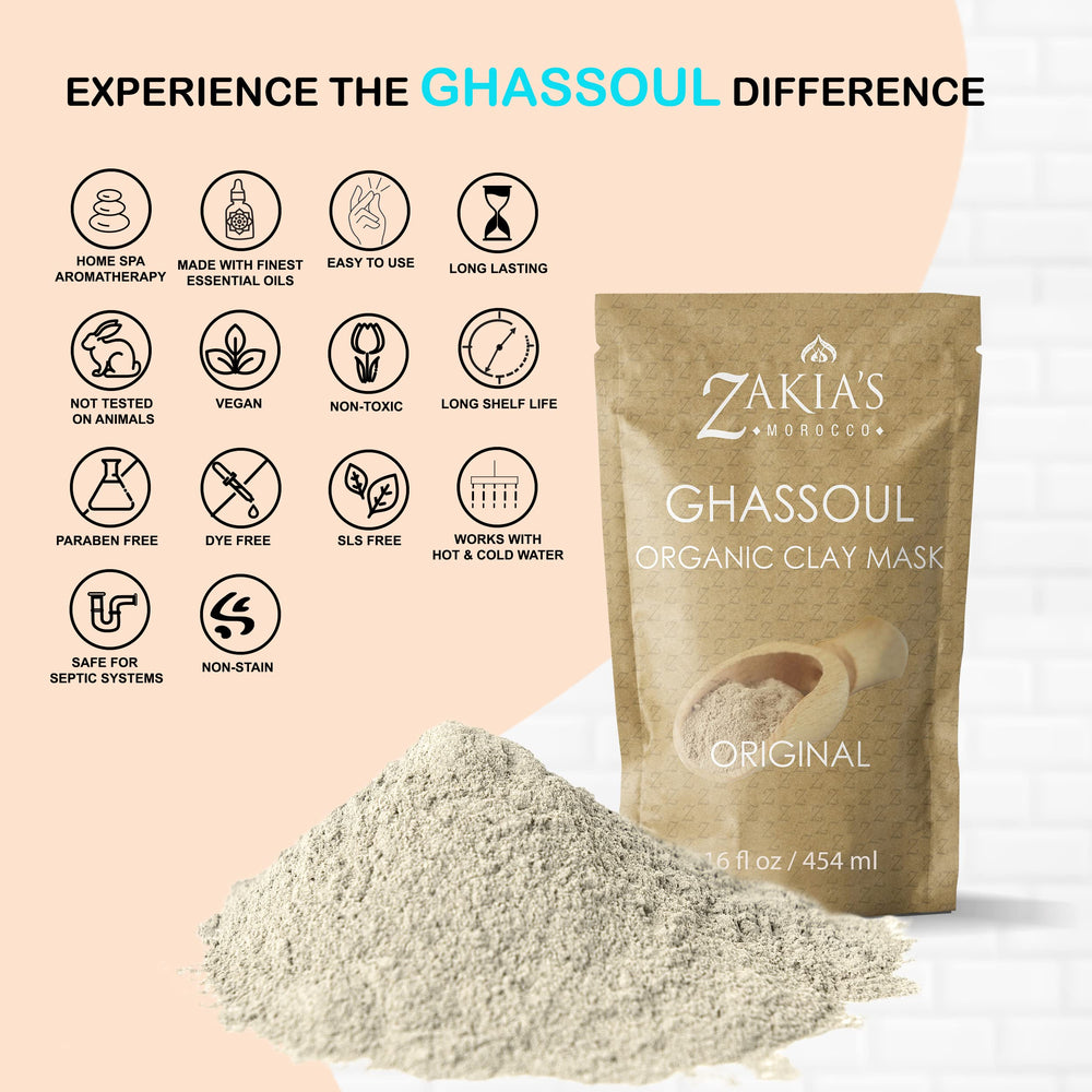 Zakias Morocco Ghassoul clay mask on skin hinting clarity after use.