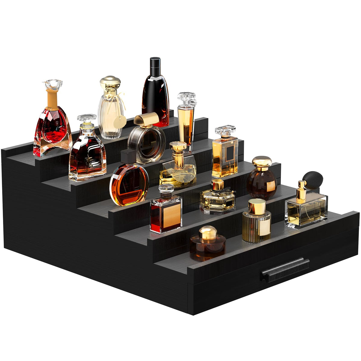 Zaldia Zalida wooden Cologne Organizer 5-tier display keeps fragrances organized and accessible.