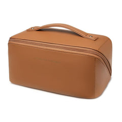 Zaleeta travel makeup bag left view highlights organized five-compartment layout for easy access