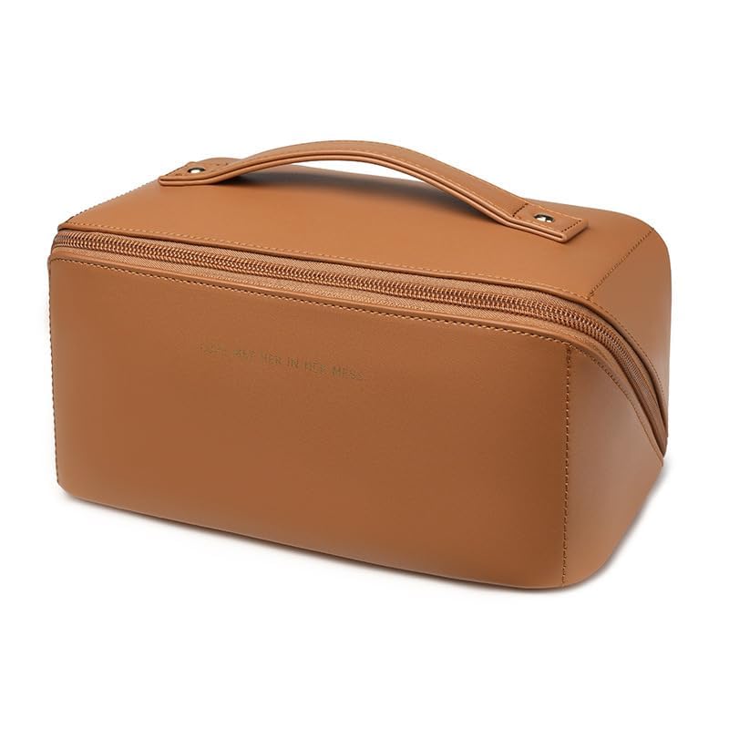 Zaleeta travel makeup bag open flat demonstrates quick item visibility with 180-degree opening