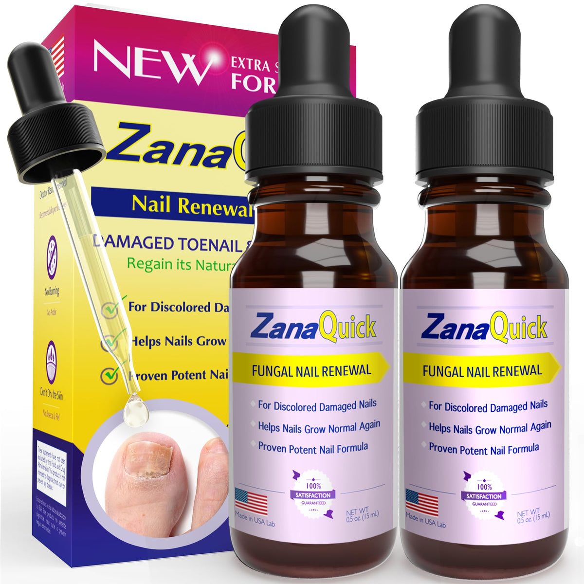 ZanQuick extra strength toenail repair drops bottle close-up showing premium formula for gradual nail renewal