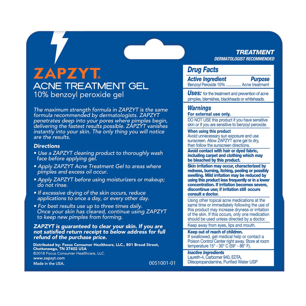 Zapzyt gel applied to the face showing oil-free, clear-drying formula.