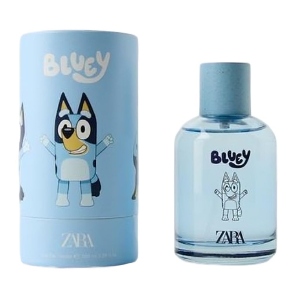 Zara Bluey Ludo Studio EDT bottle front with fresh pear and lemon notes for playful kid-friendly scent.