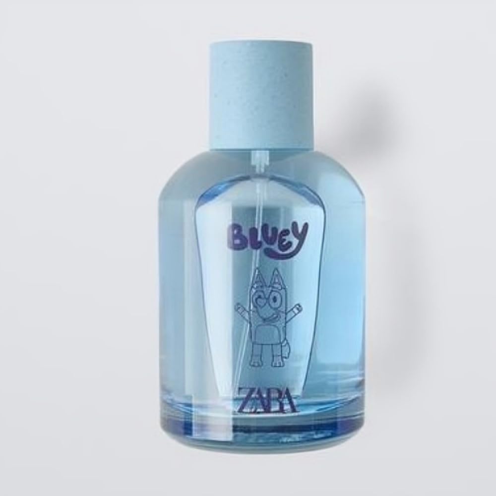 Zara Bluey Ludo Studio EDT bottle tilted to show sandalwood warmth for everyday adventures.