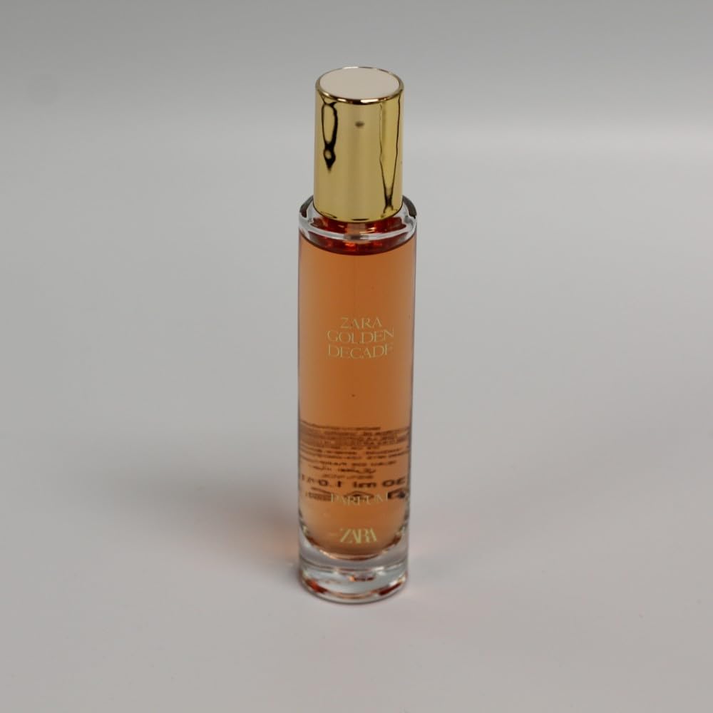 Zara Golden Decade EDP bottle top view highlights elegant cap and floral notes.