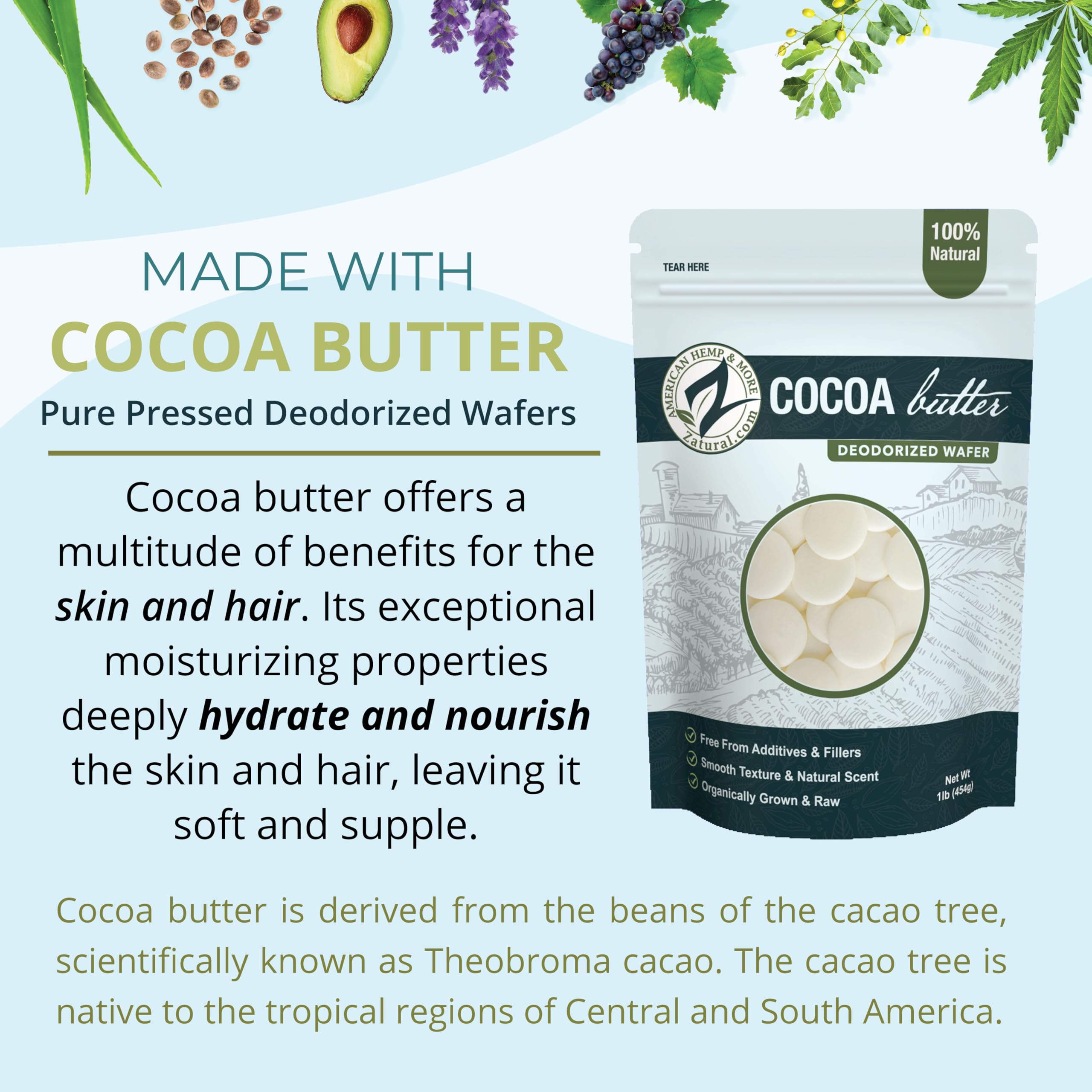 Zatural cocoa butter wafers support candle crafting, hardening with clean burn when blended.