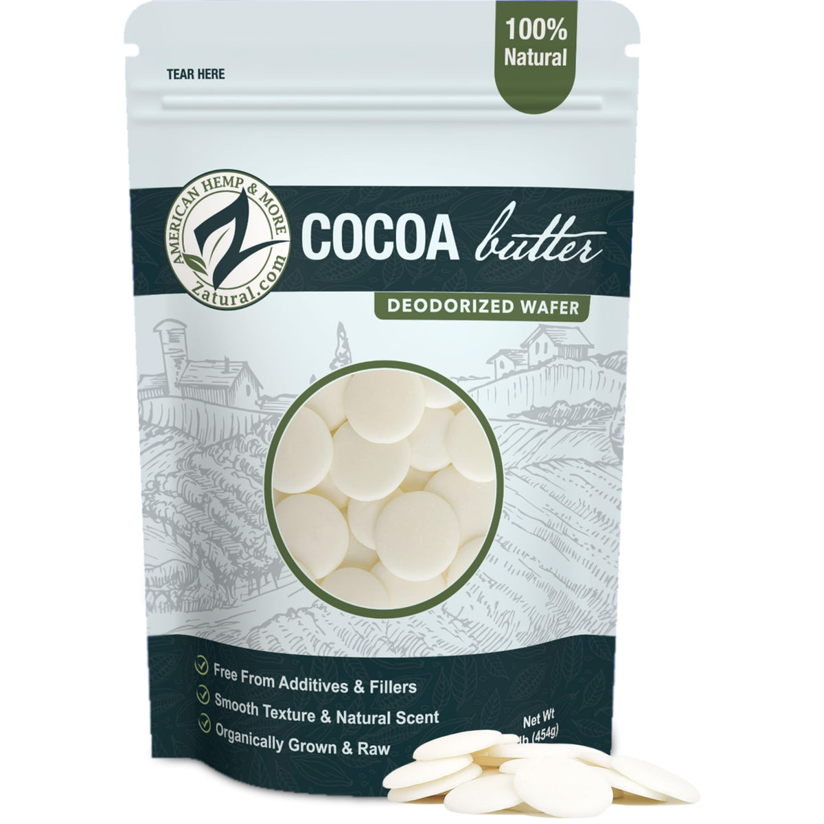 Zatural cocoa butter wafers deodorized packaging, 16 oz, ideal for bulk DIY projects.