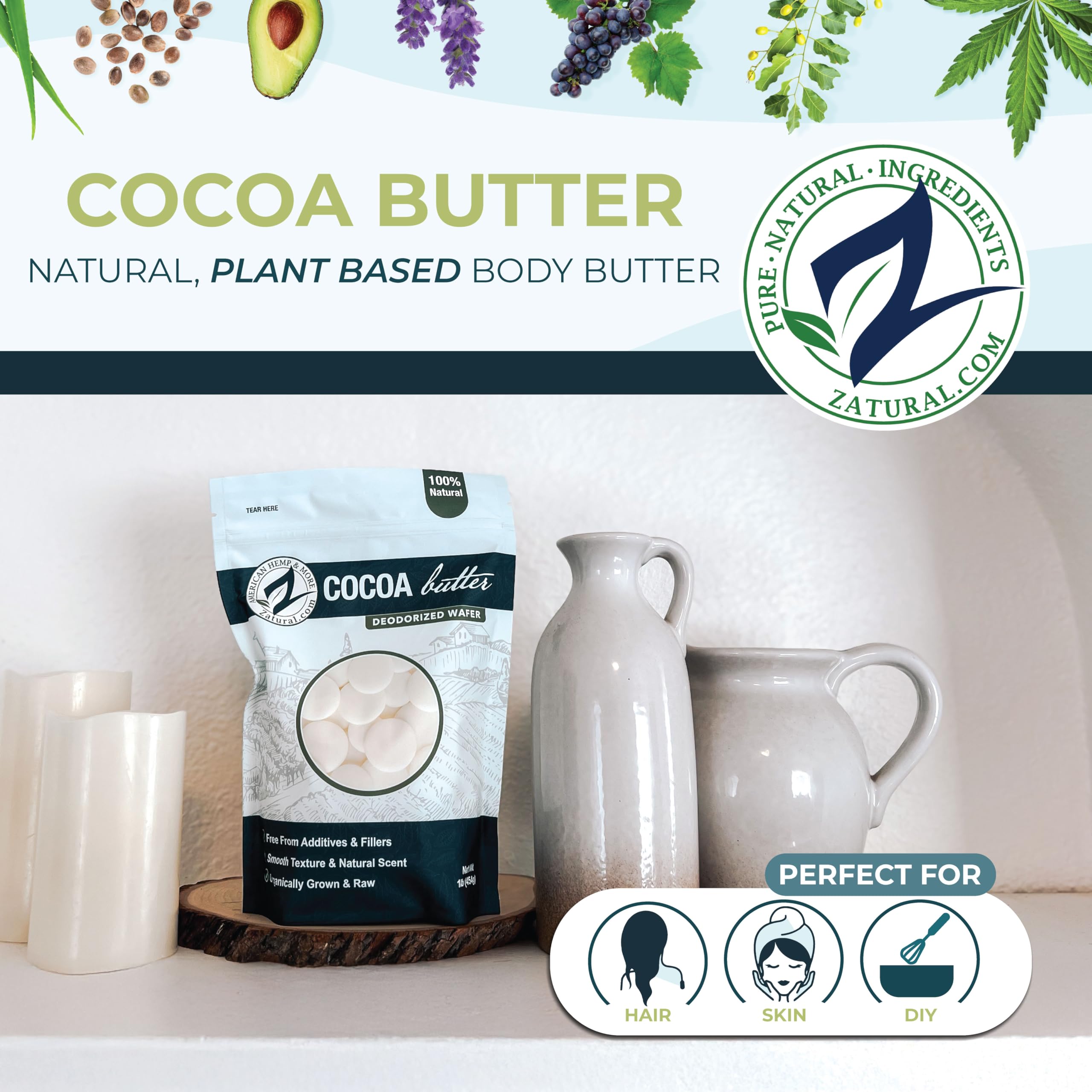Zatural cocoa butter wafers used in DIY skincare, blends into lotions and balms.