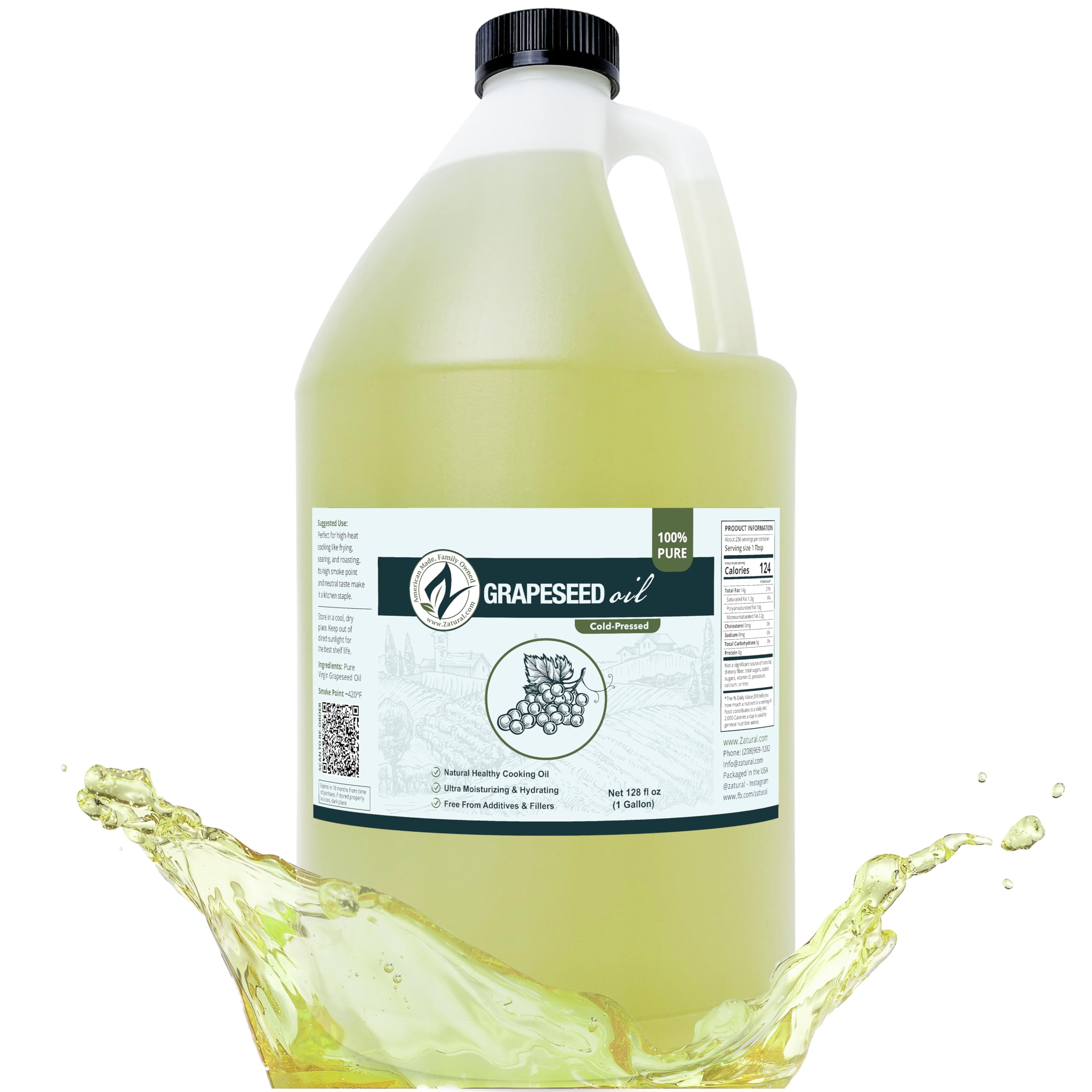 Zatural Grapeseed Oil 128oz bottle with light green-gold color for high-heat cooking.