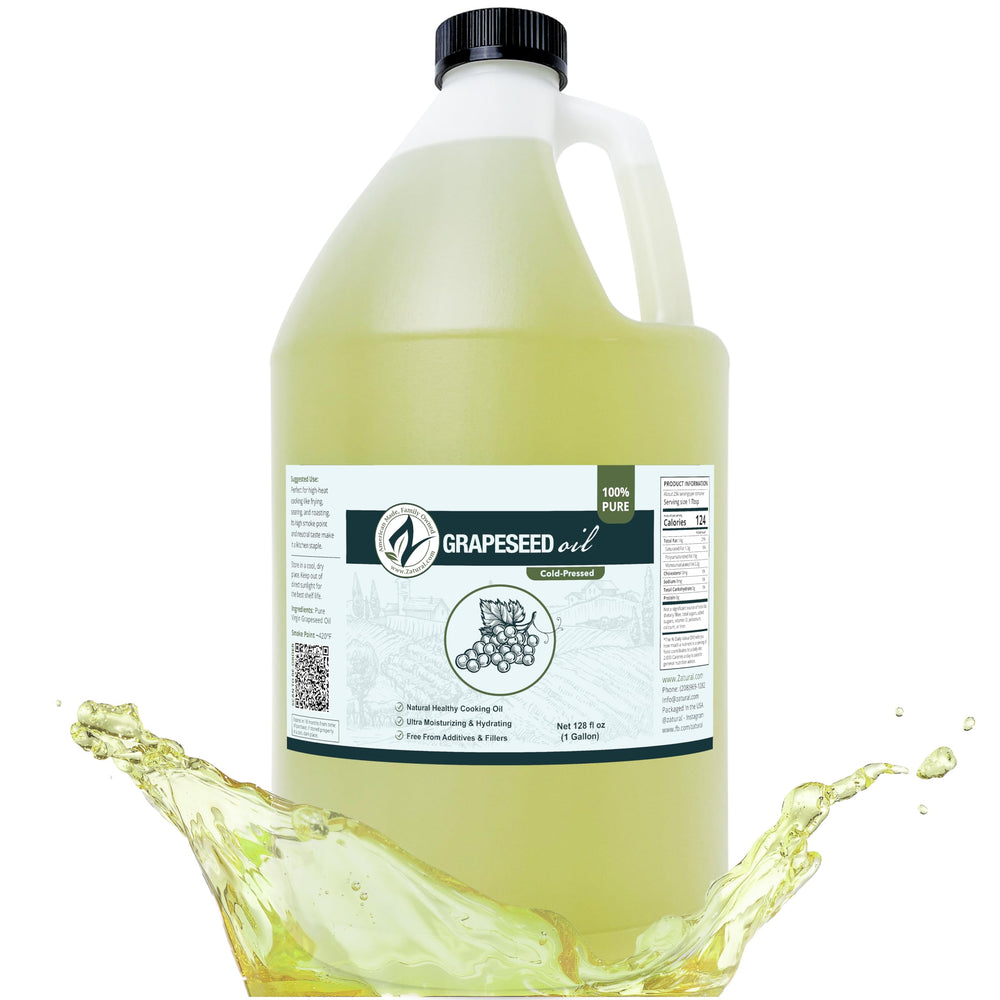 Zatural Grapeseed Oil 128oz bottle with light green-gold color for high-heat cooking.