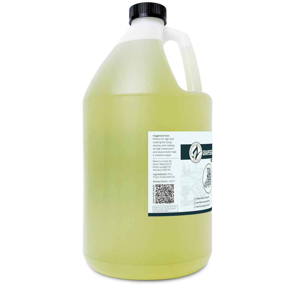 Zatural Grapeseed Oil 128oz bottle highlighting non-GMO and cold-press method.
