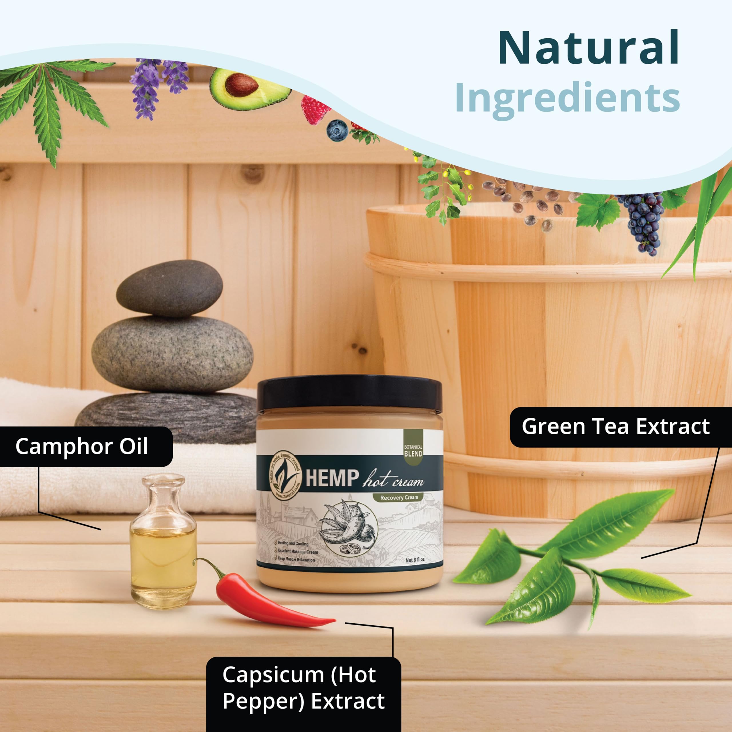 Zatural Hot Cream ingredient label highlights 87% organic components.
