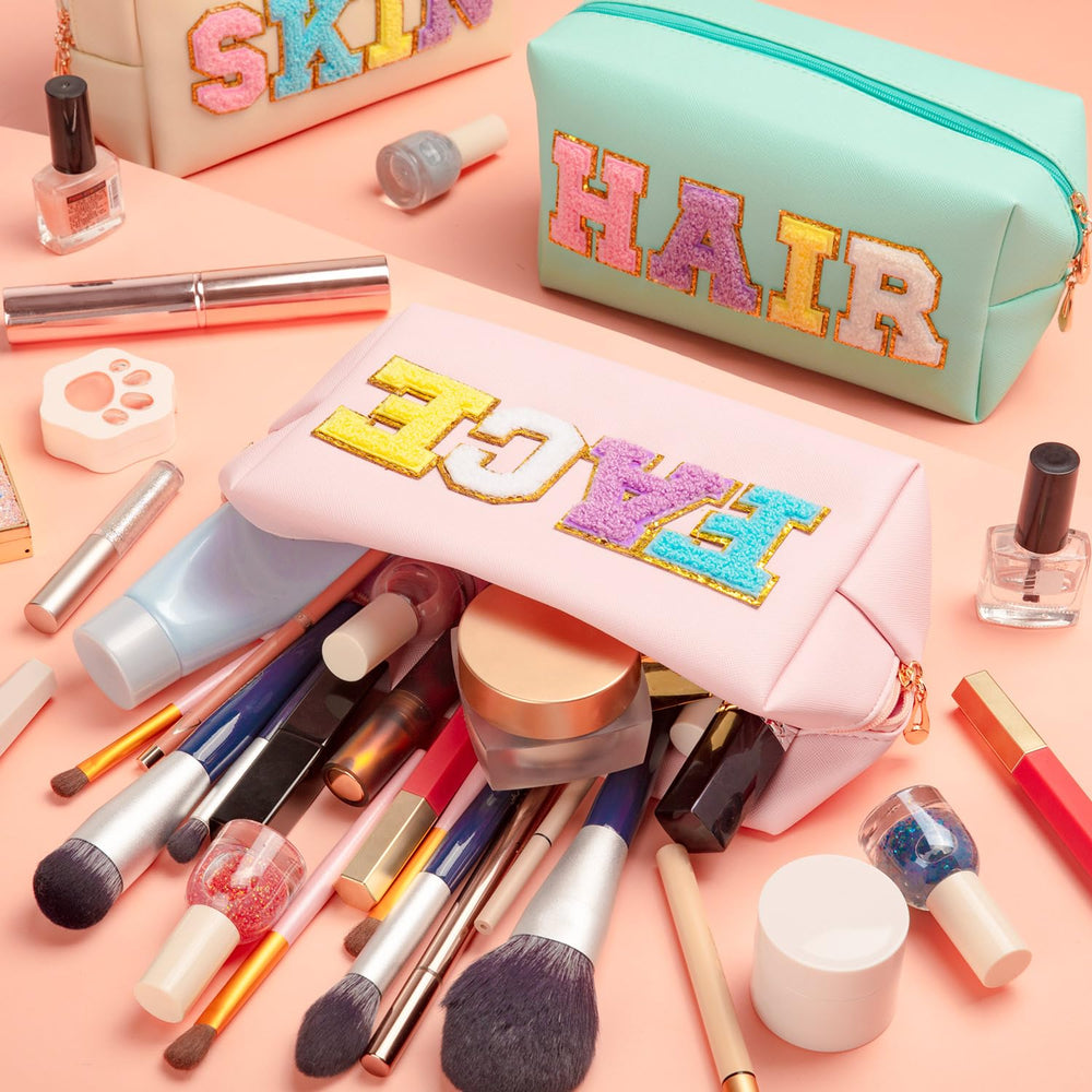 ZAUGONTW preppy patch makeup bag face hair skin labels help categorize items.