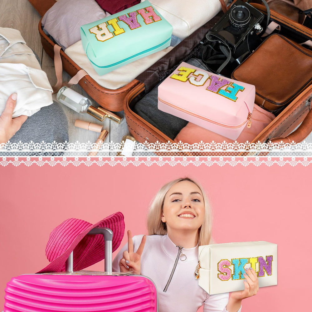 ZAUGONTW preppy patch makeup bag large capacity holds cosmetics and toiletries.