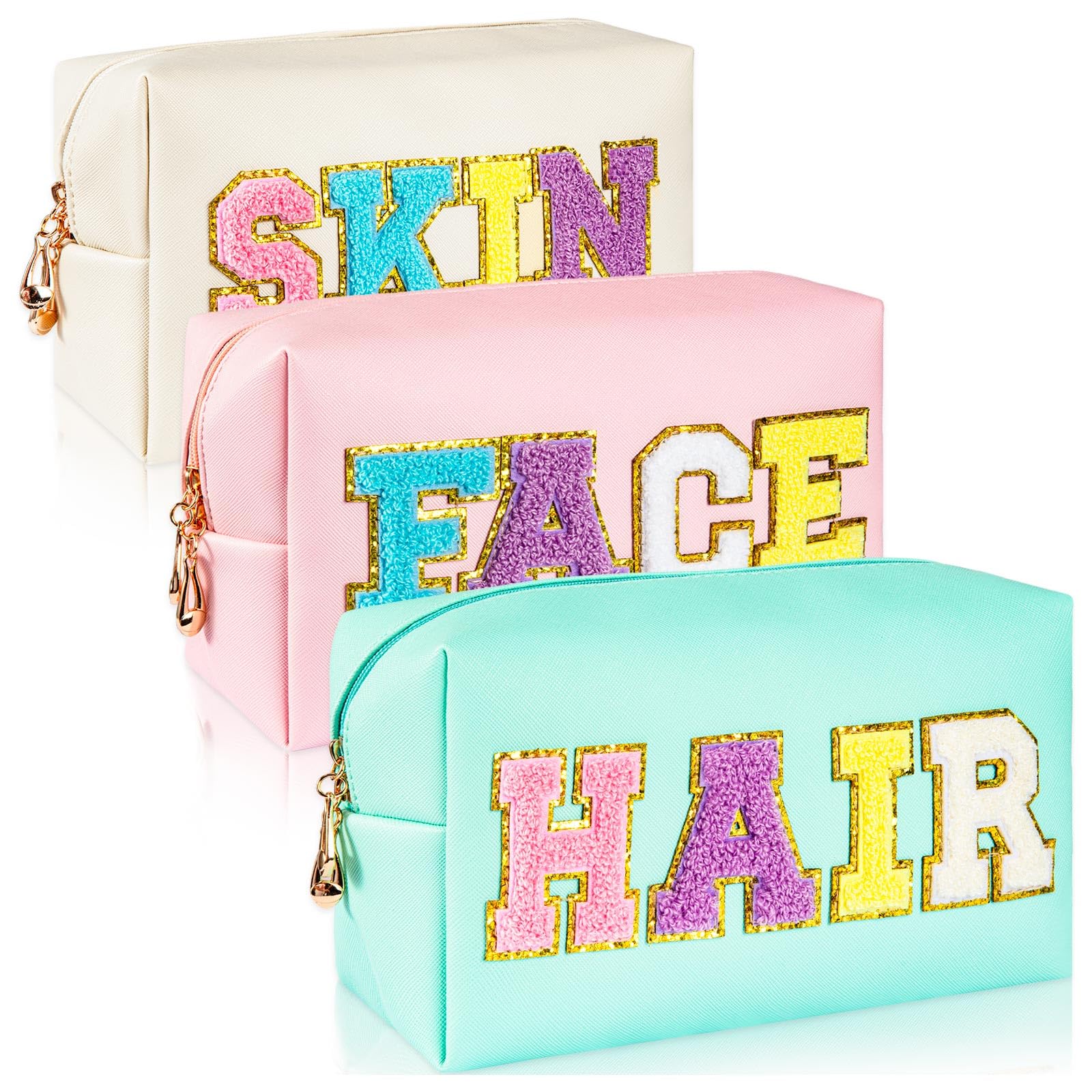ZAUGONTW preppy patch makeup bag glitter letters organize cosmetics while traveling.