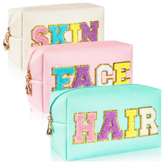 ZAUGONTW preppy patch makeup bag glitter letters organize cosmetics while traveling.