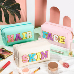 ZAUGONTW preppy patch makeup bag PU leather waterproof keeps essentials protected.