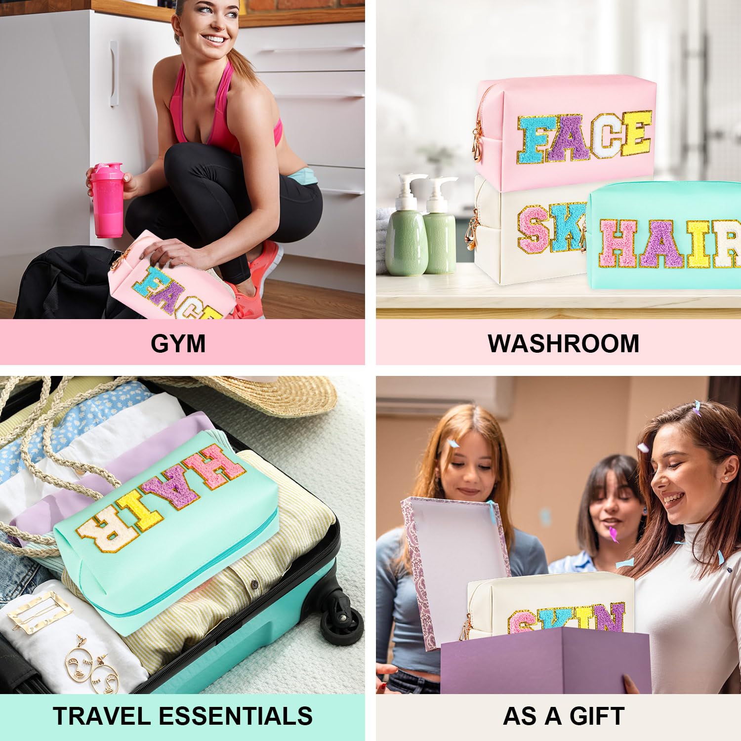 ZAUGONTW preppy patch makeup bag travel-ready design for on-the-go storage.