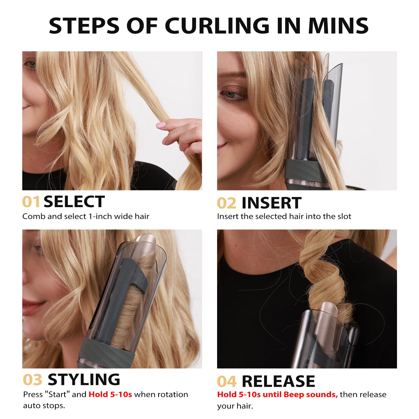 Zavarea curling iron showing left-right-alternating curl directions for customization