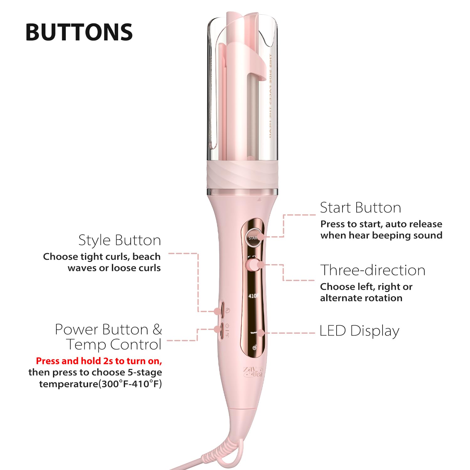 Zavarea ceramic barrel with negative-ion coating reduces frizz and adds shine.