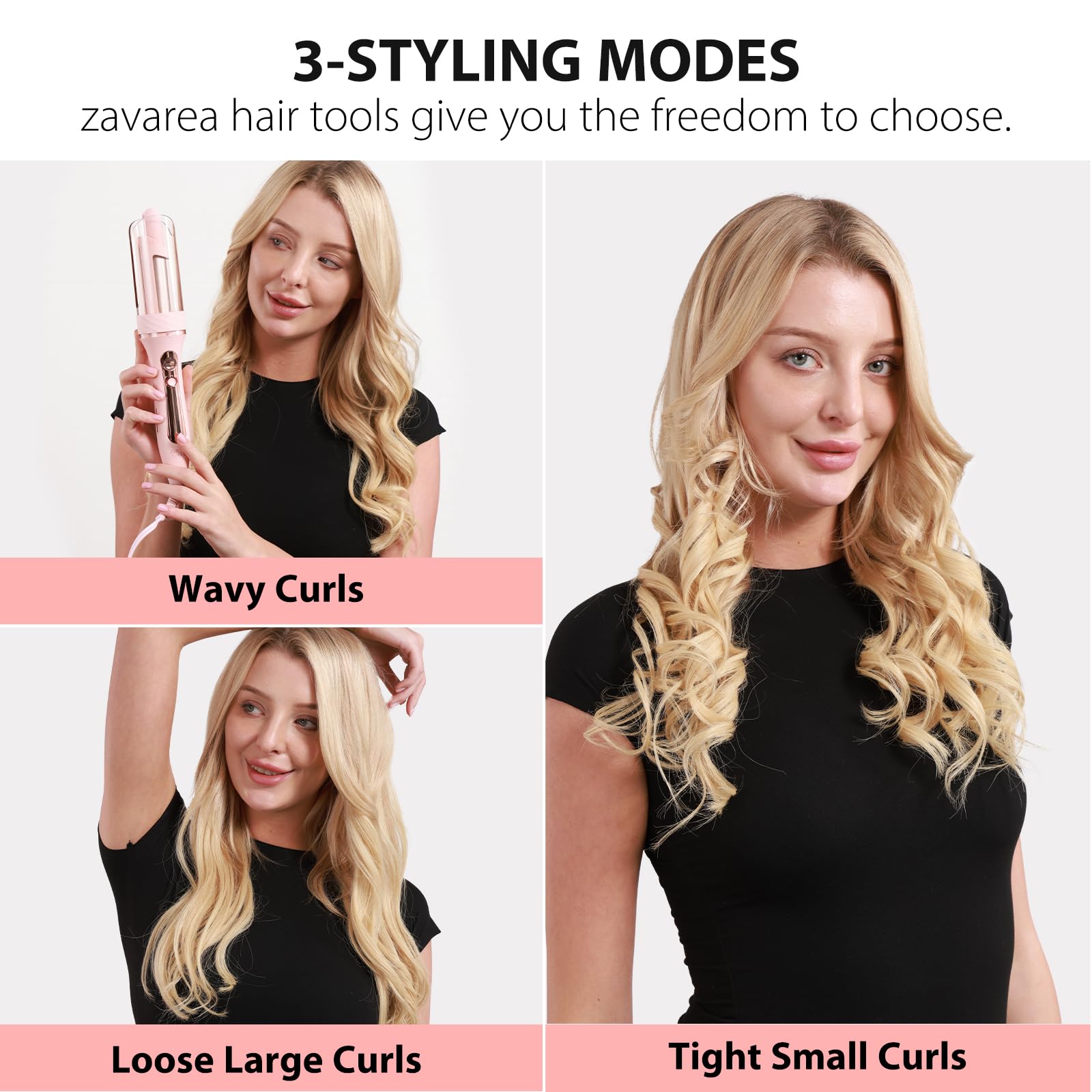 Zavarea curling iron shows left-right rotation control for personalized curl direction.