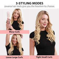 Zavarea curling iron shows left-right rotation control for personalized curl direction.