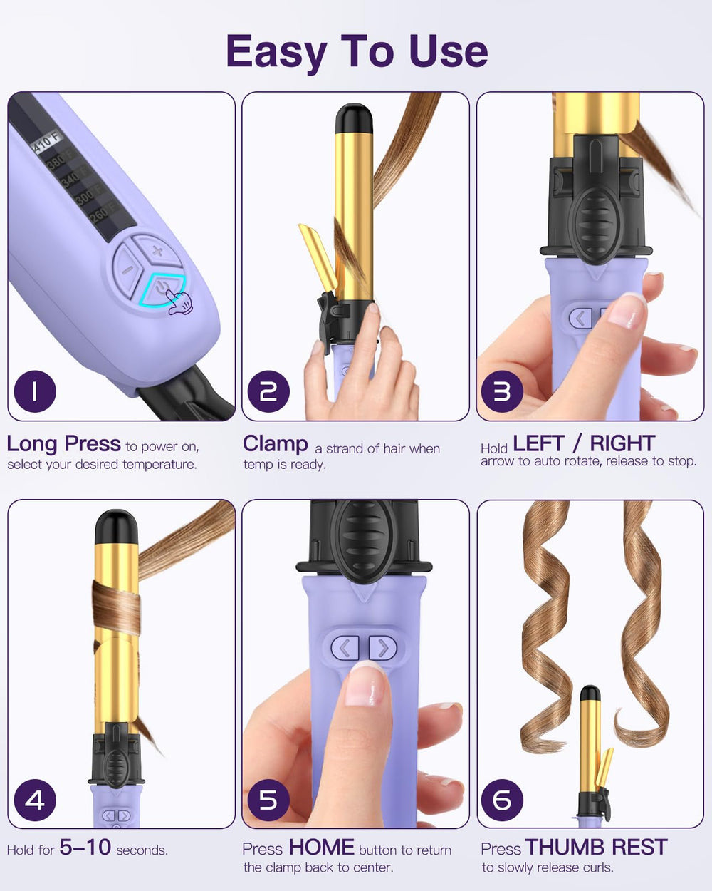 ZAVAREA curling wand clamp in action enables safe one-handed curling.