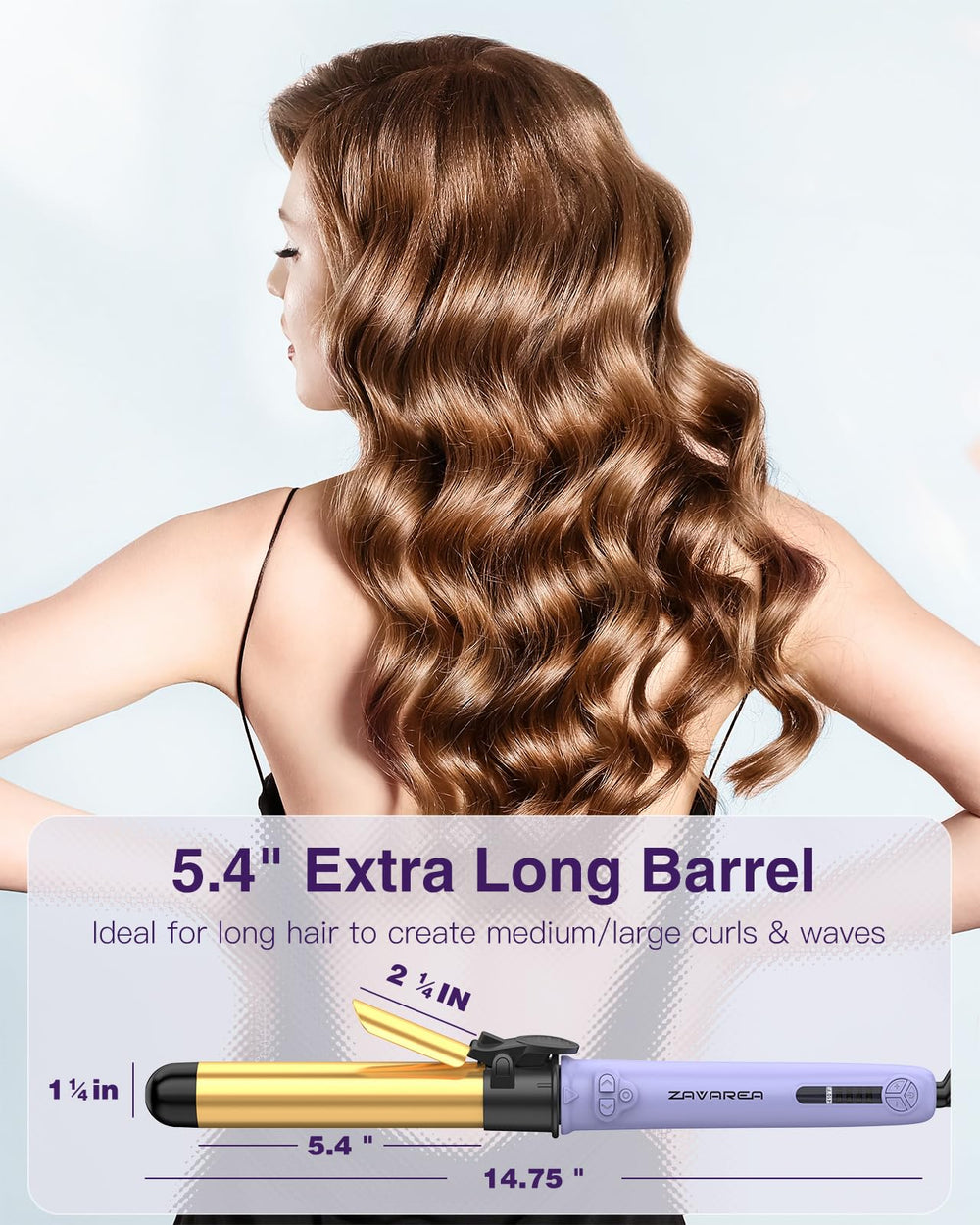 ZAVAREA rotating curling iron on display emphasizes fast heat-up for time-saving styling.