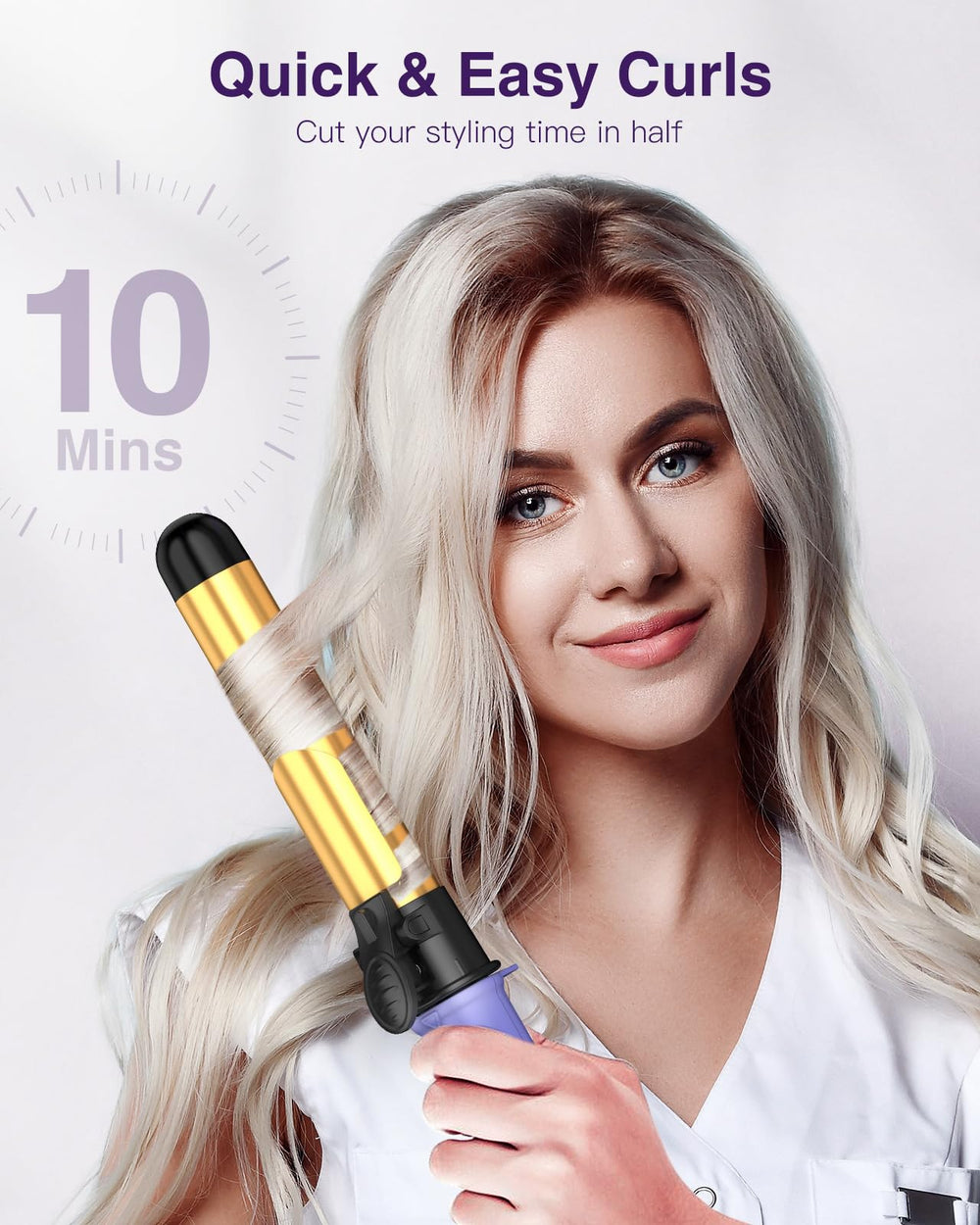 ZAVAREA automatic curler in use creates glossy beachy waves at home.