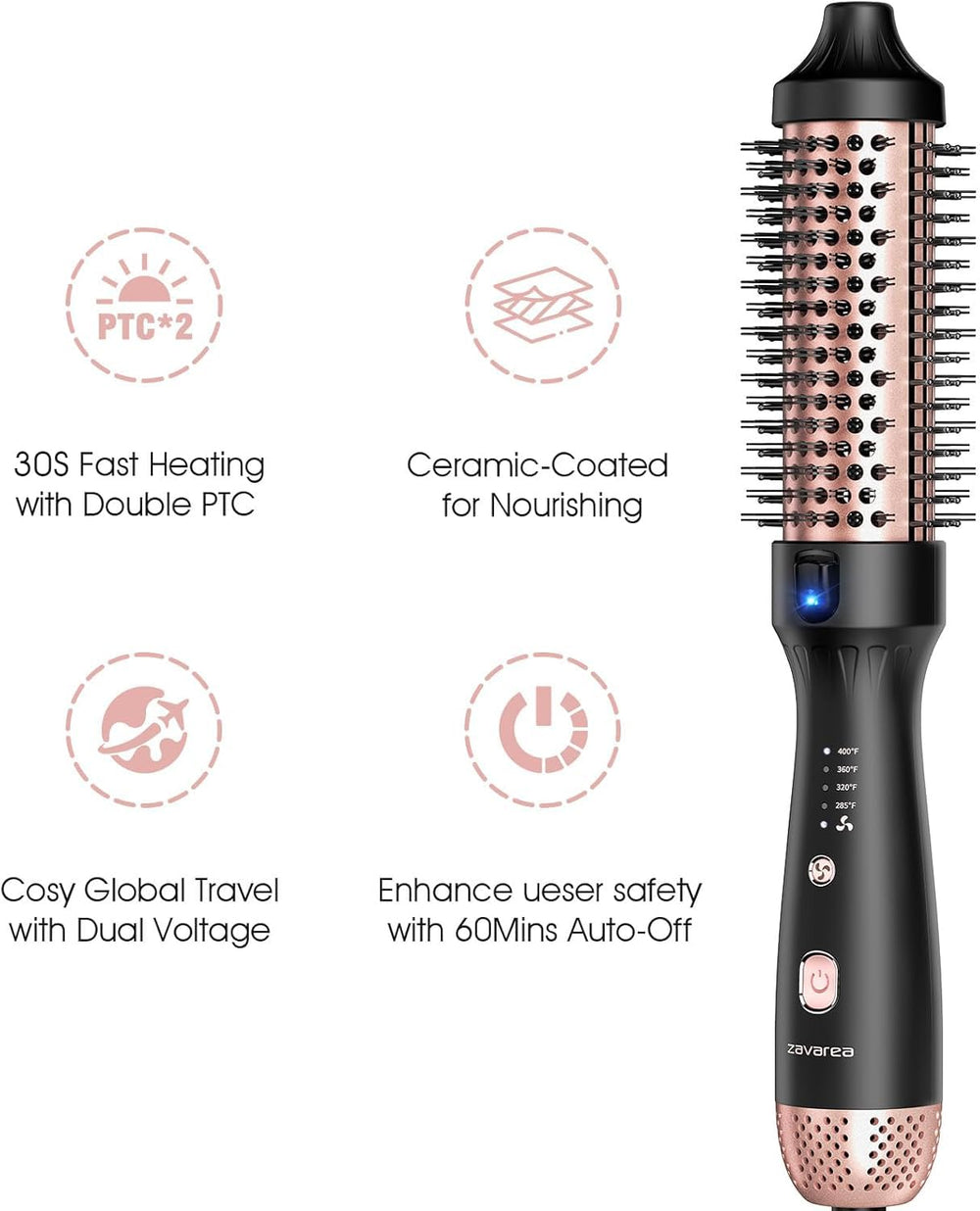 zavarea Thermal Brush four heat settings for different hair types.