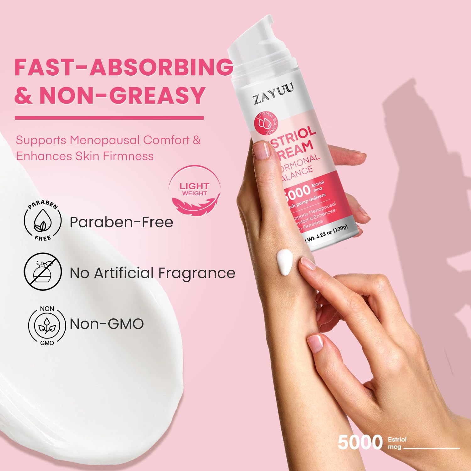 ZAYUU estriol cream texture close-up shows light non-greasy feel