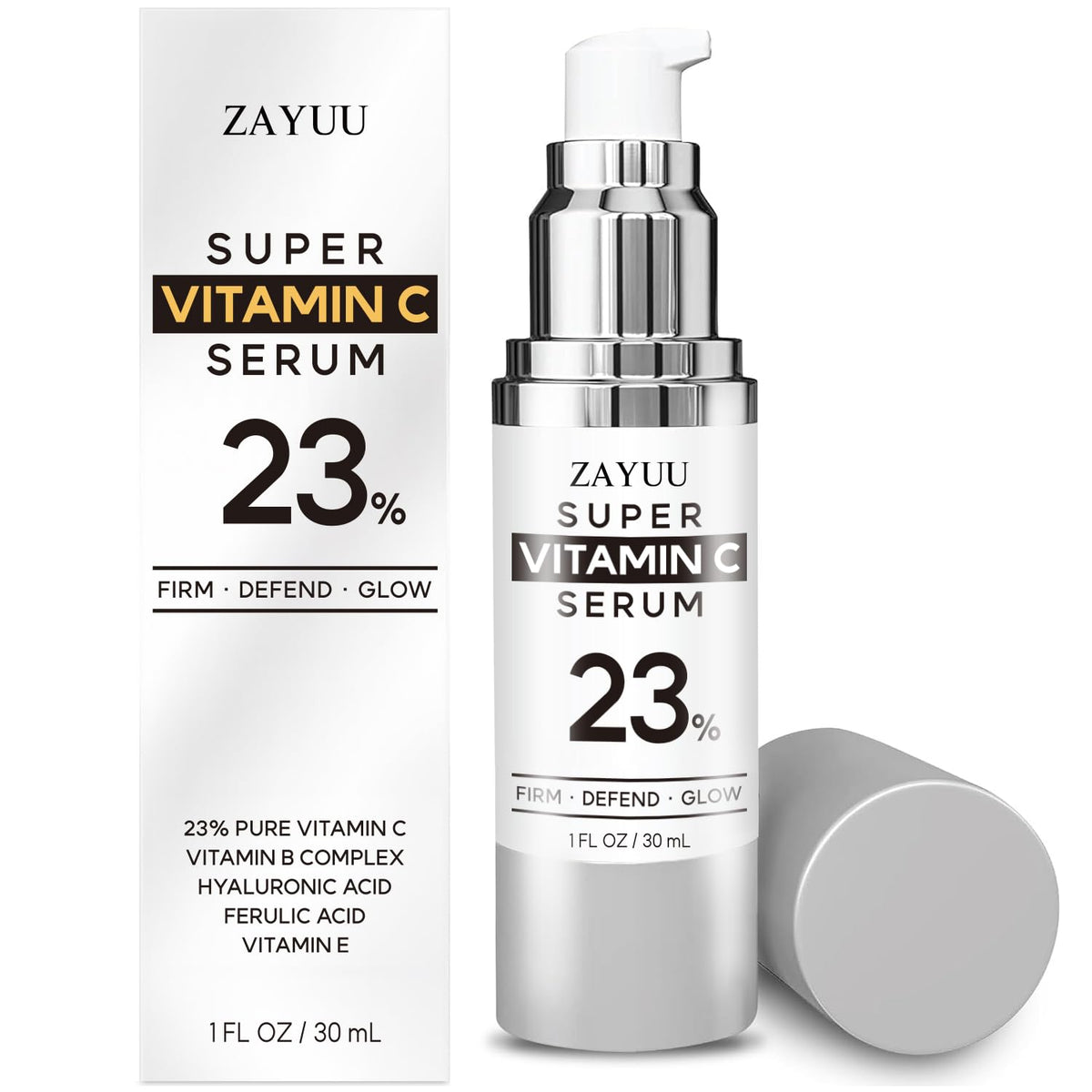 ZAYUU Vitamin C serum bottle highlighting 23% vitamin C for brighter complexion.