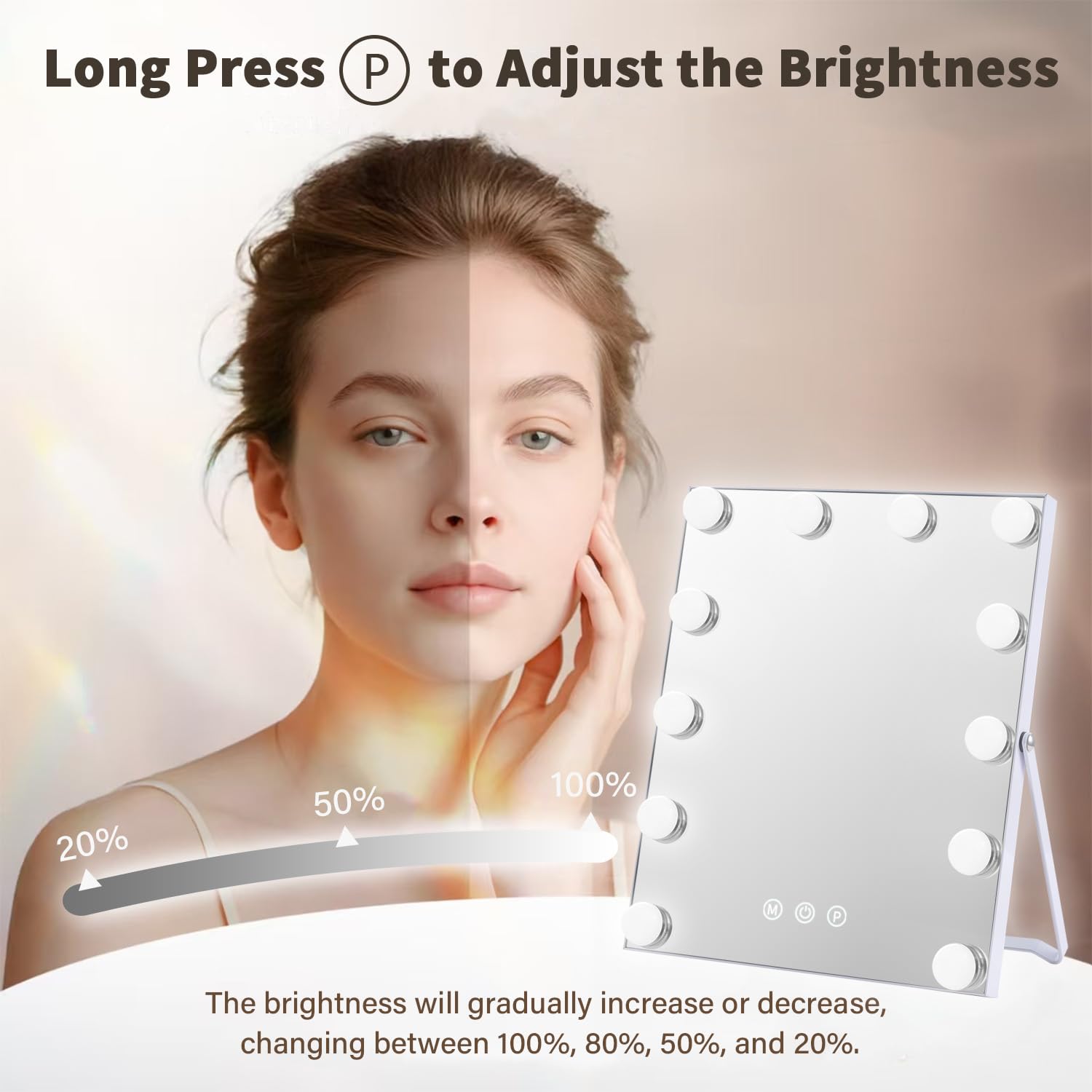 ZBOCAI makeup mirror with dimmable bulbs offers adjustable brightness for close work