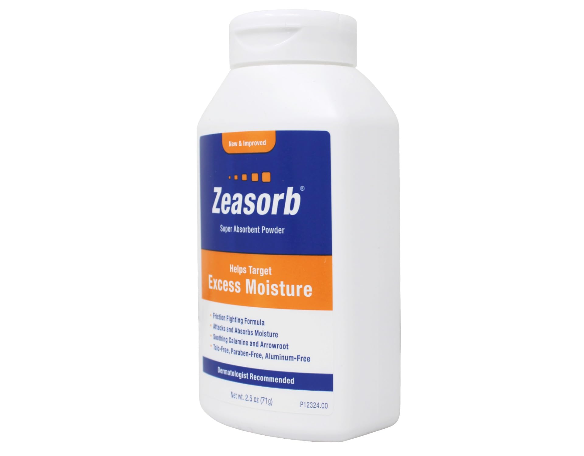 Zeasorb Excess Moisture bottle closeup shows powder for dry skin comfort.