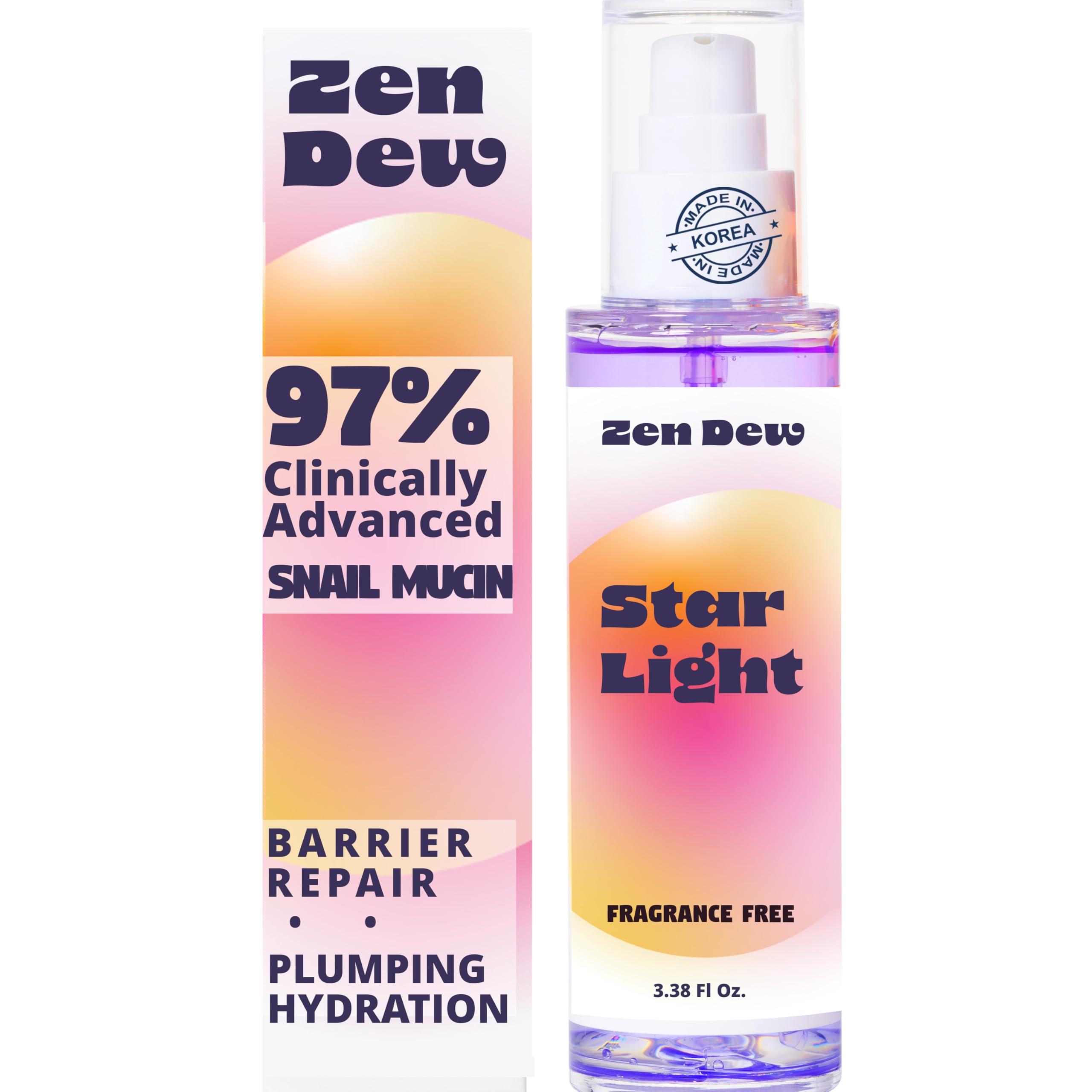 Zen Dew Star Light serum bottle closeup highlights hydrating snail mucin for glowing skin