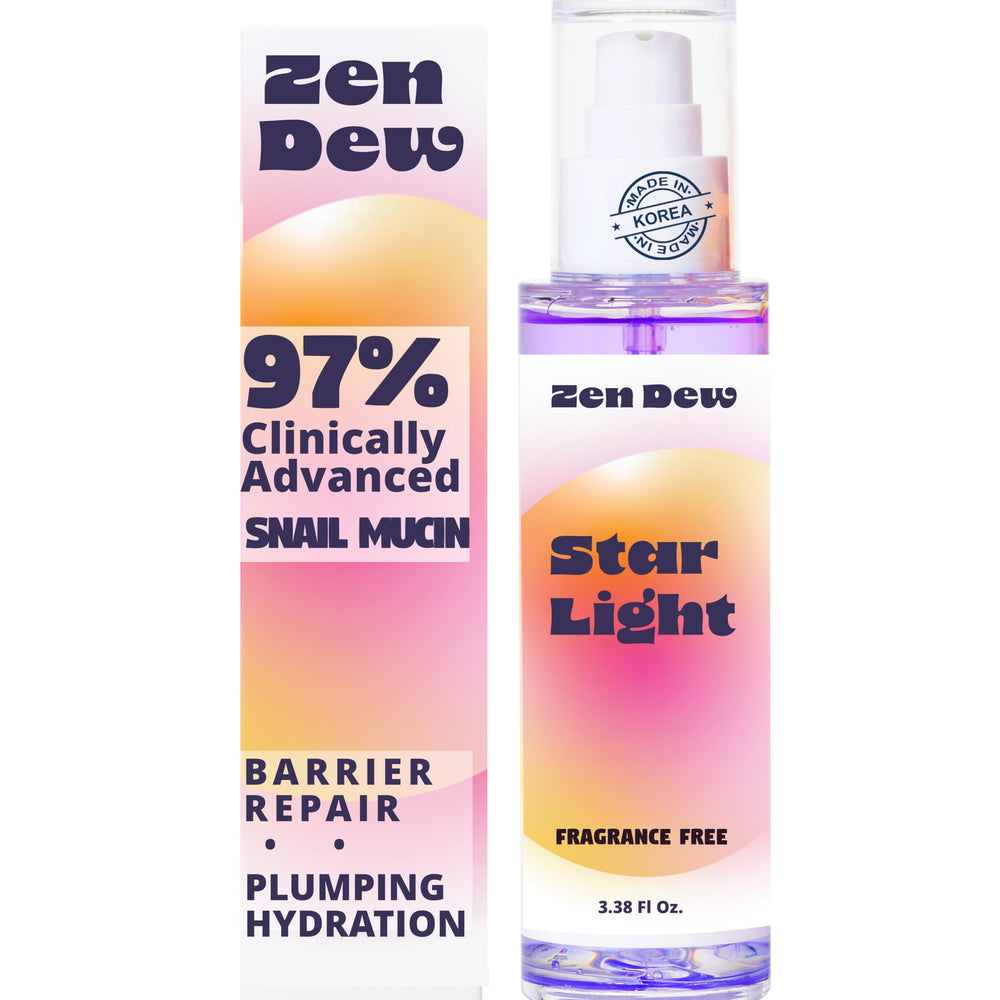 Zen Dew Star Light serum bottle closeup highlights hydrating snail mucin for glowing skin