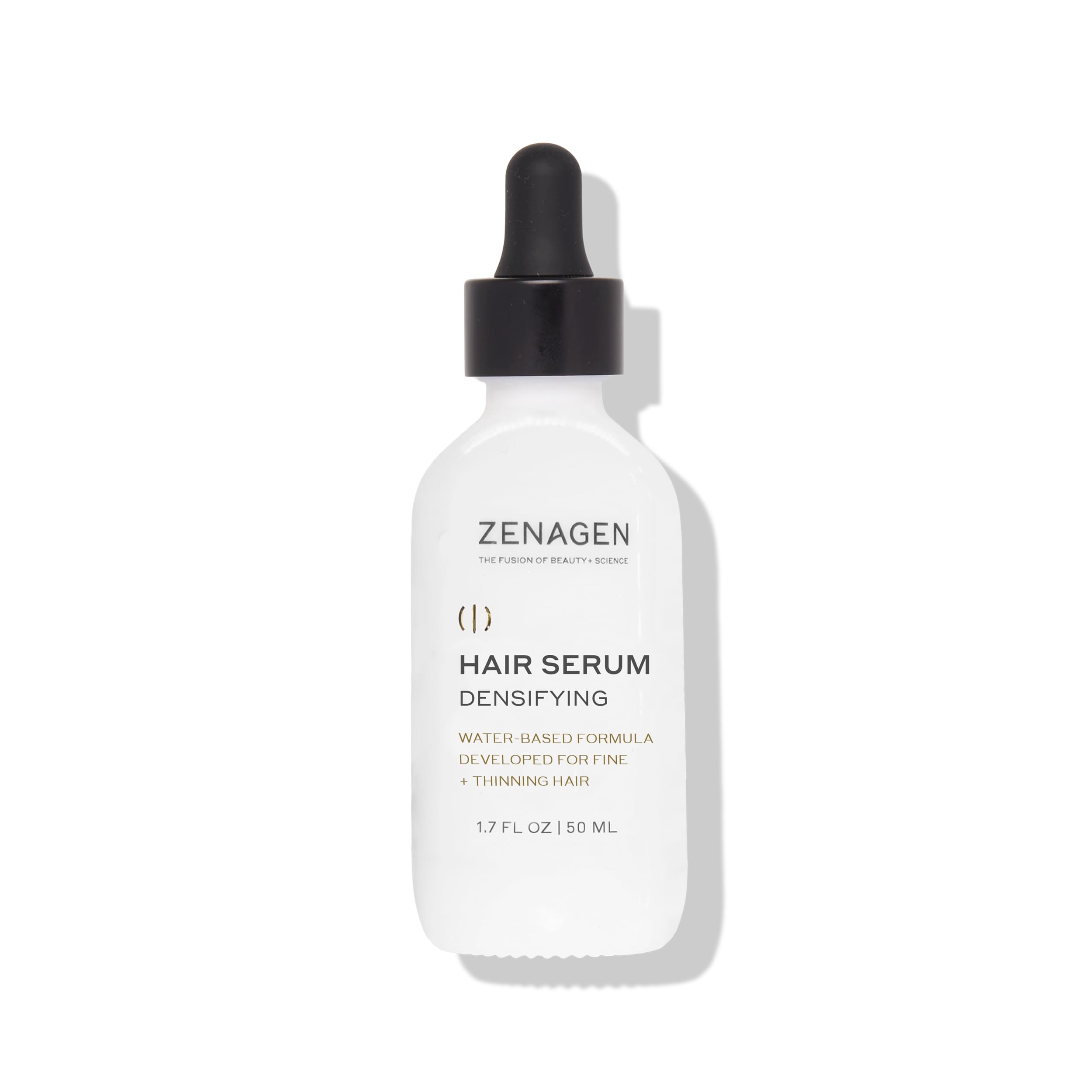 Zenagen Densifying Hair Serum bottle pour for fine hair showing smooth application