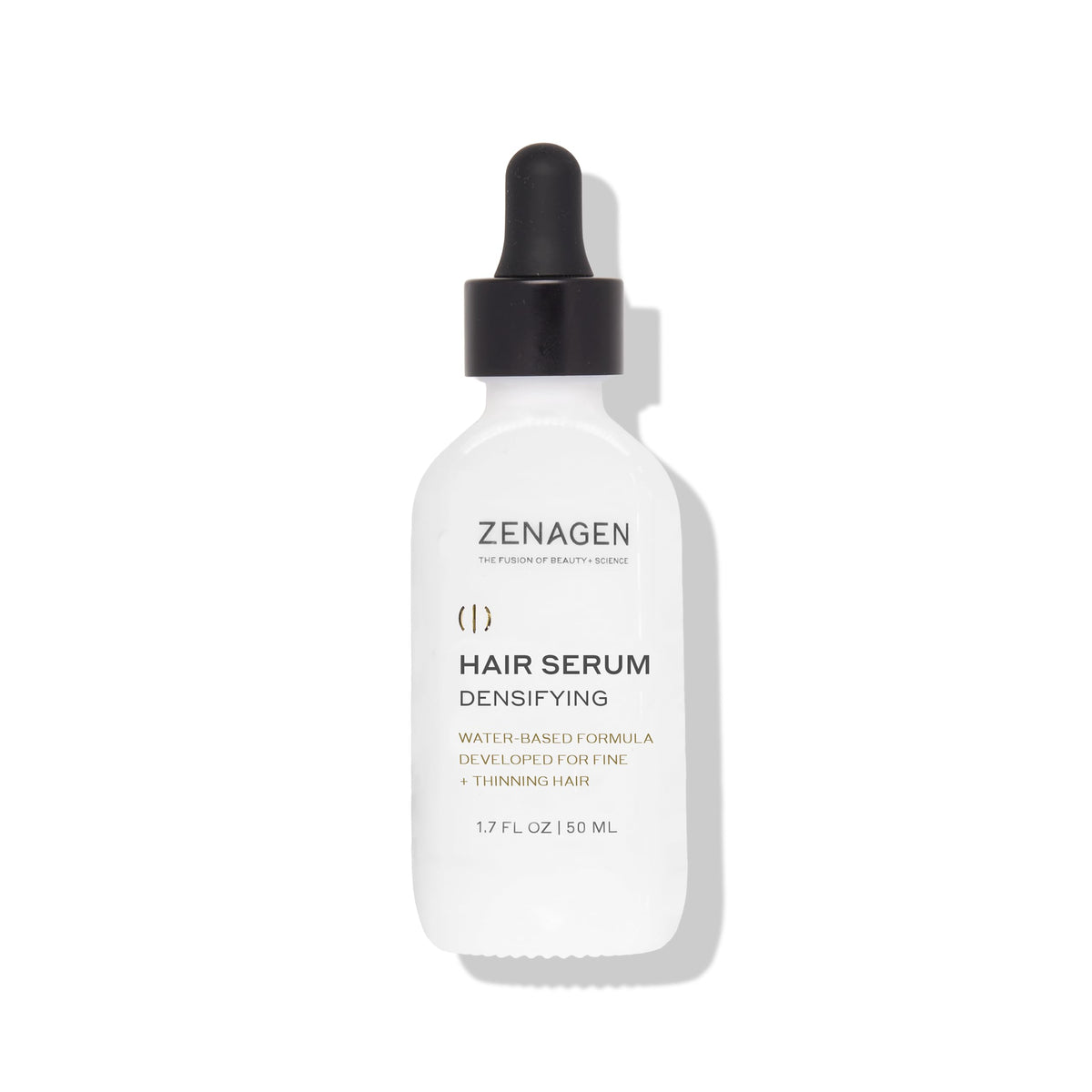 Zenagen Densifying Hair Serum bottle pour for fine hair showing smooth application