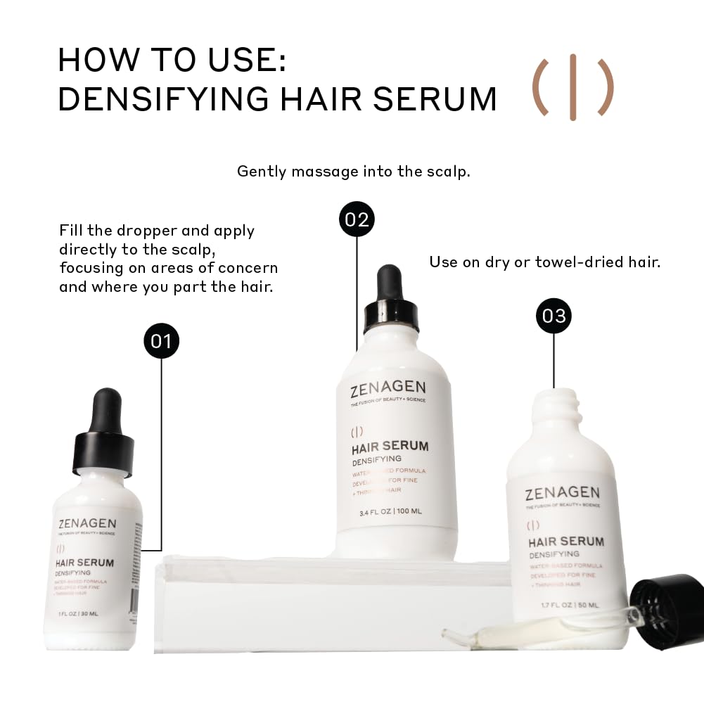 Zenagen Densifying Hair Serum ingredients highlight plant-based, cold-pressed quality.