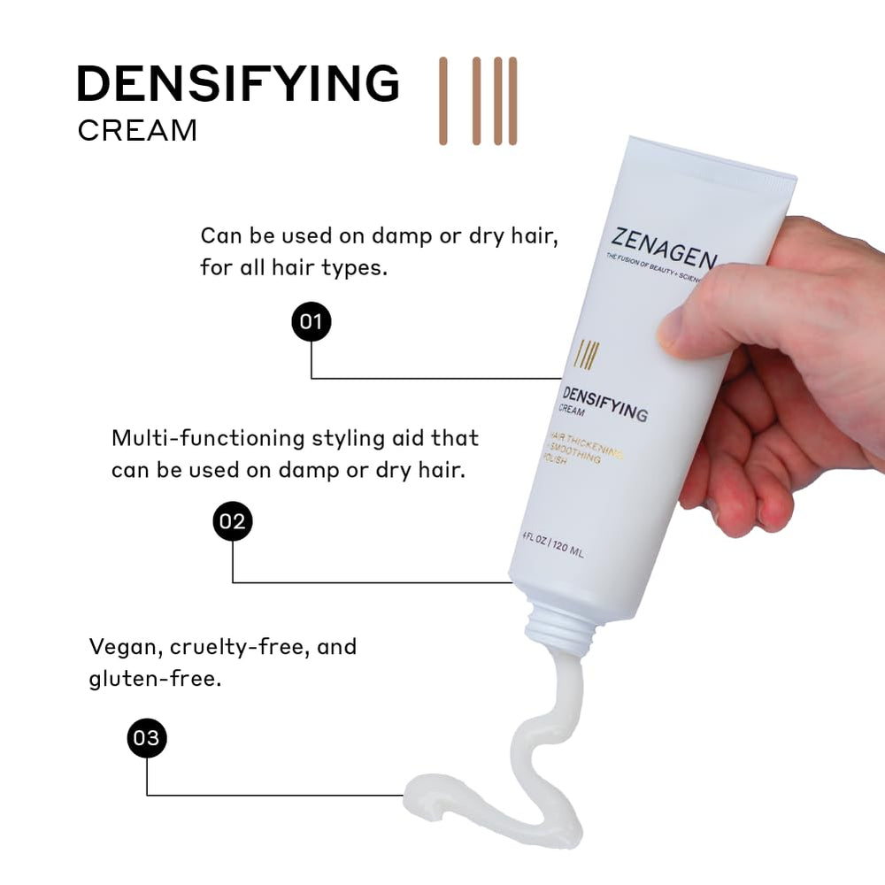 Zenagen Densifying Leave-In Cream texture highlights lightweight, non-greasy feel.