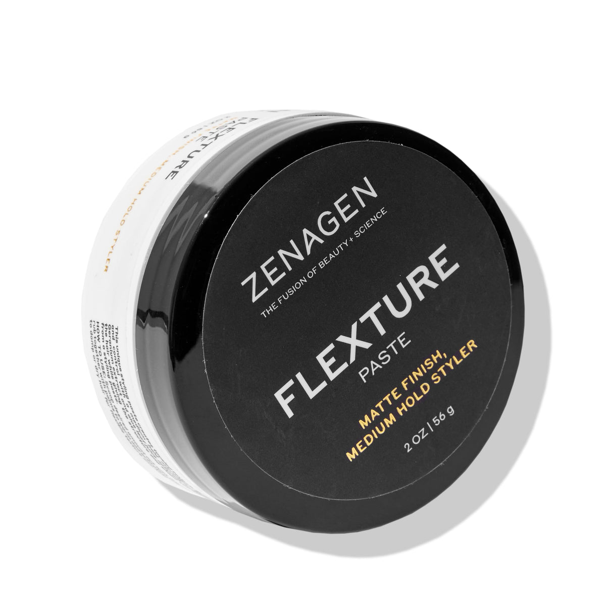 Zenagen Flexture Paste jar closeup shows matte finish for natural styling.