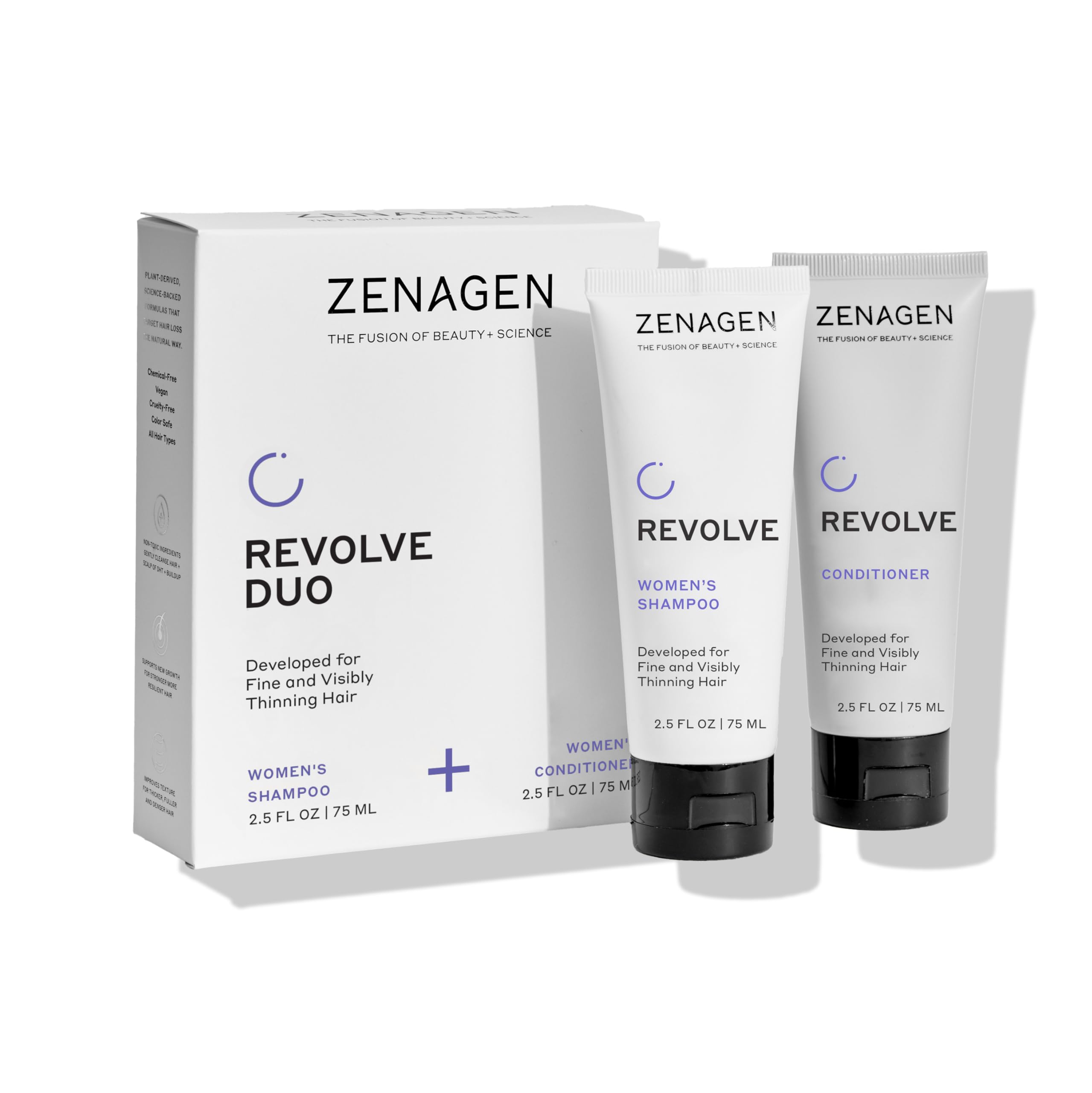 Zenagen Revolve travel shampoo for women bottle ready for travel, lightweight cleansing.