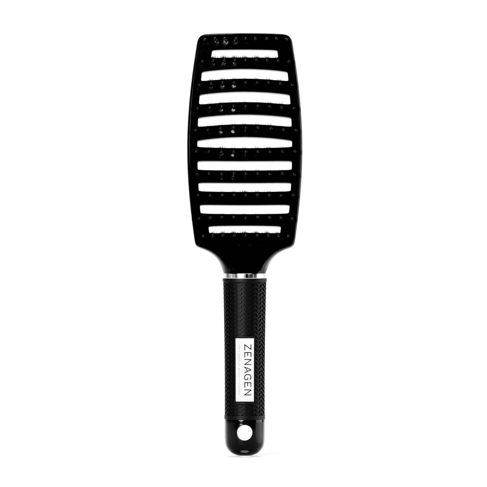 Zenagen Zen Brush black bristles glide through hair for gentle detangling.