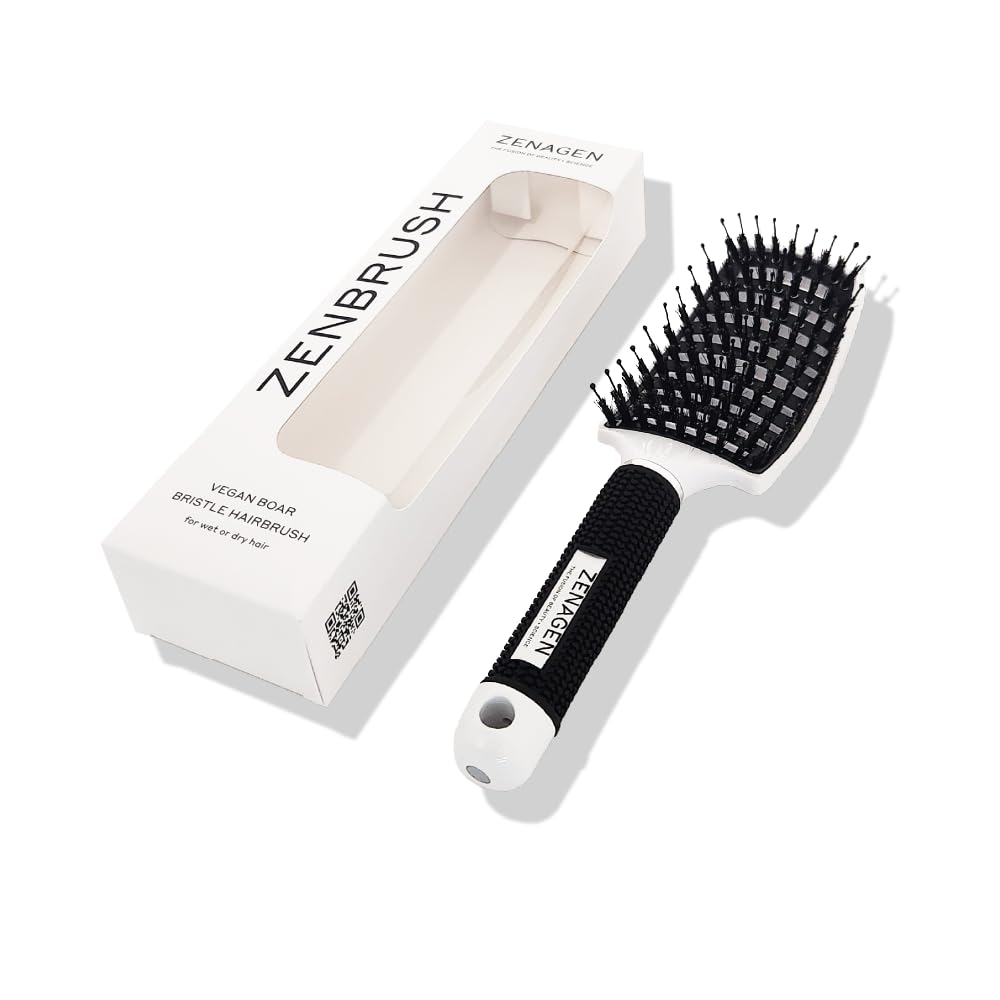 Zenagen Zen Brush White front view with ergonomic grip for easy detangling.