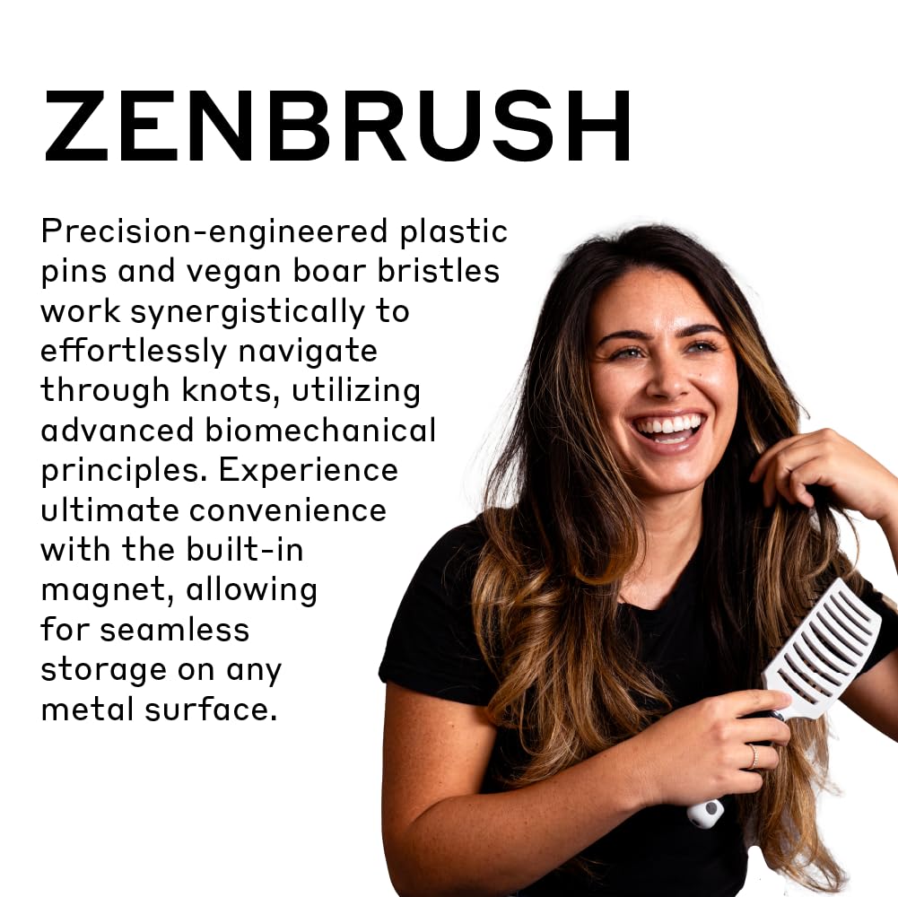 Zenagen Zen Brush White side profile showing dual-action pins for scalp massage.