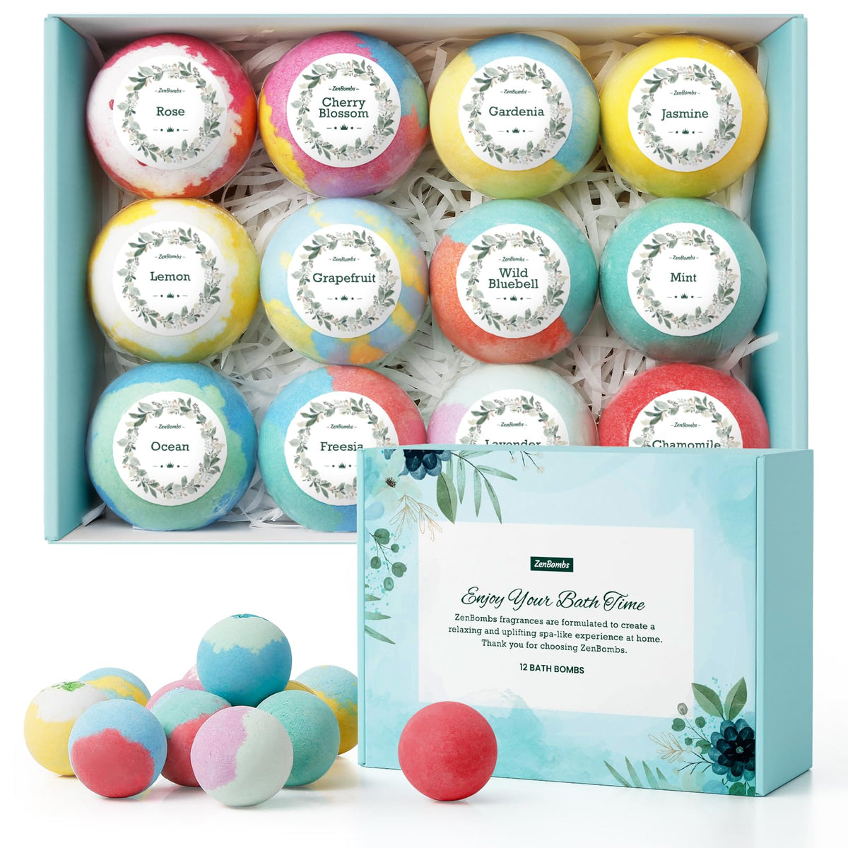 ZenBombs assorted fragrances bath bombs show variety for relaxing soak and mood uplift