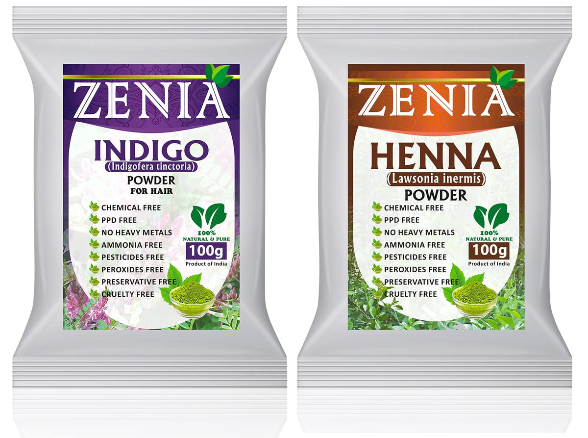 Zenia Indigo-Henna combo pack closeup shows natural hair color options.