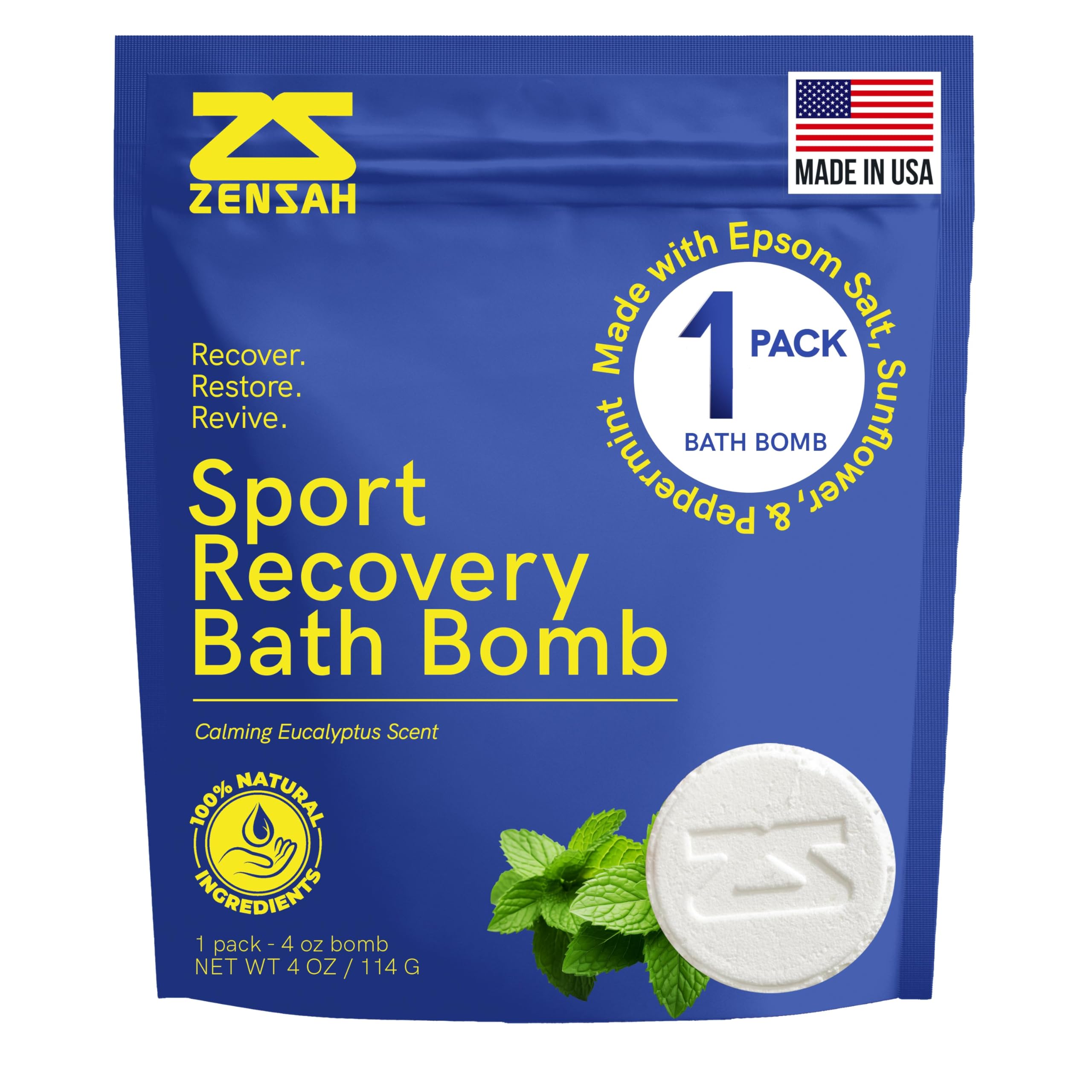 Zensah sport recovery bath bomb packaging highlights magnesium for post-workout relief